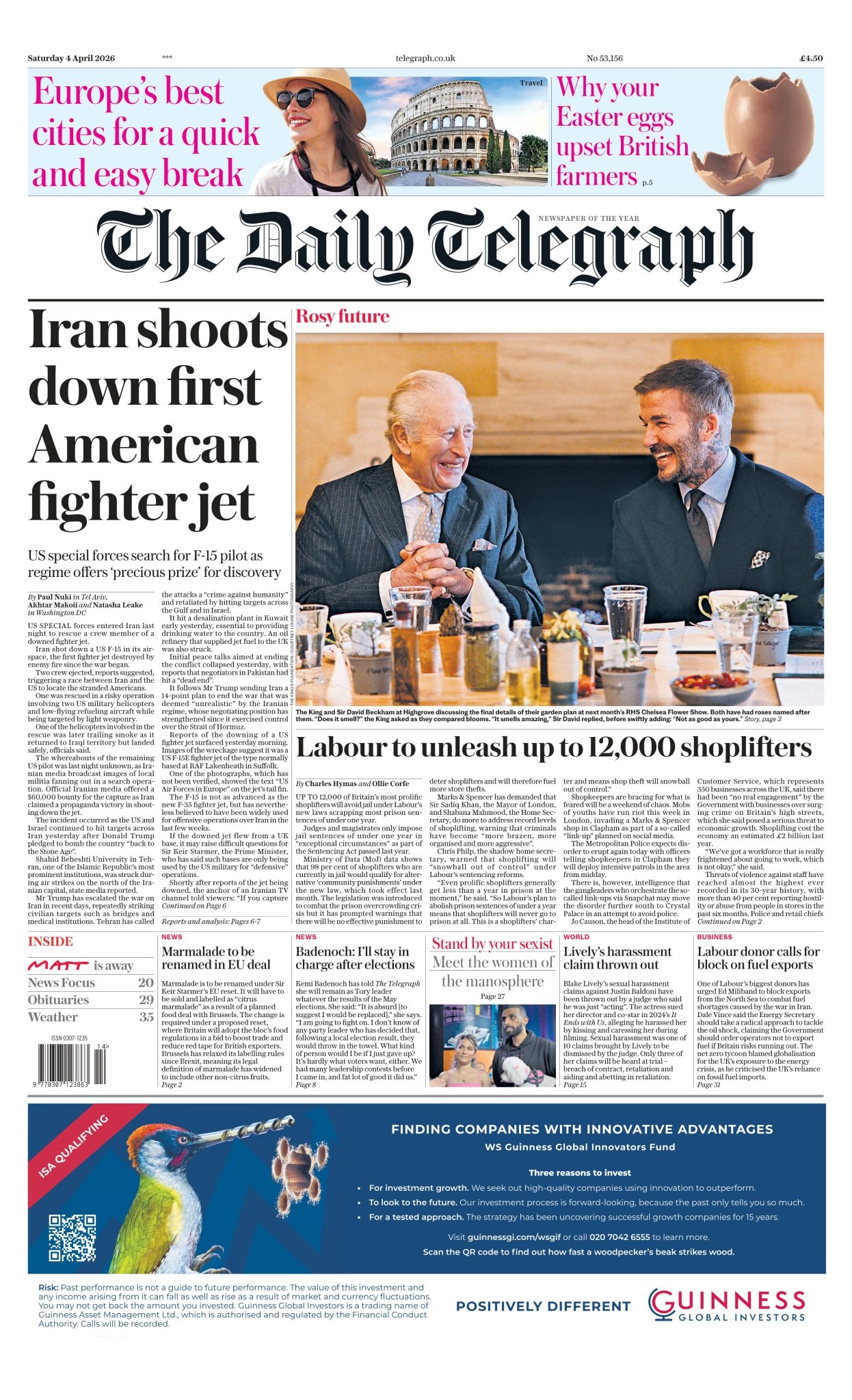 Front page of Daily Telegraph, 4 April 2026