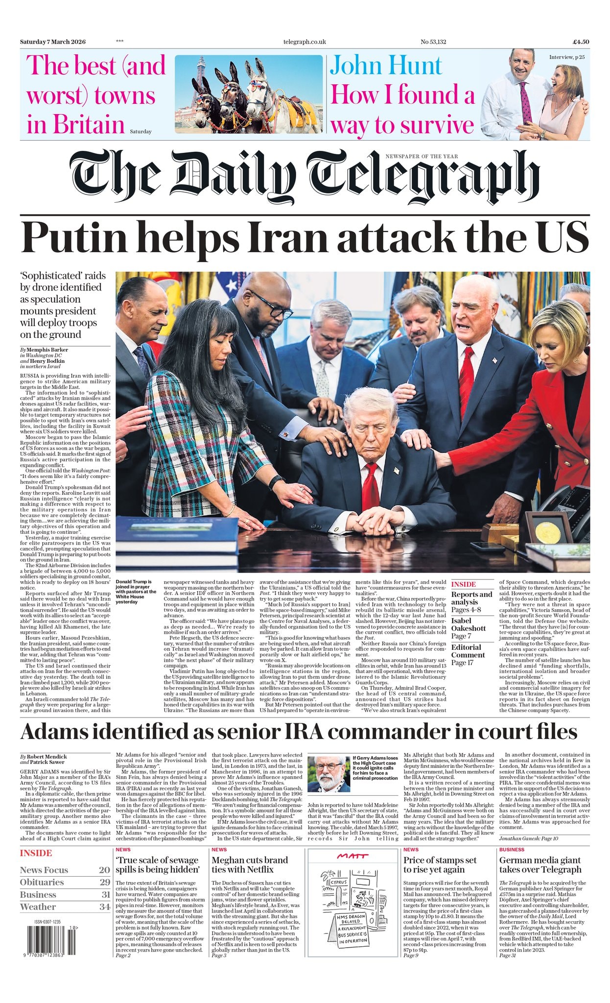 Front page of Daily Telegraph, 7 March 2026