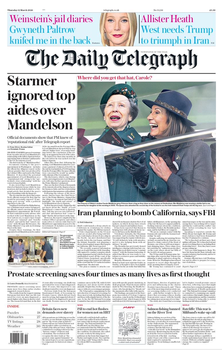 Front page of Daily Telegraph, 12 March 2026