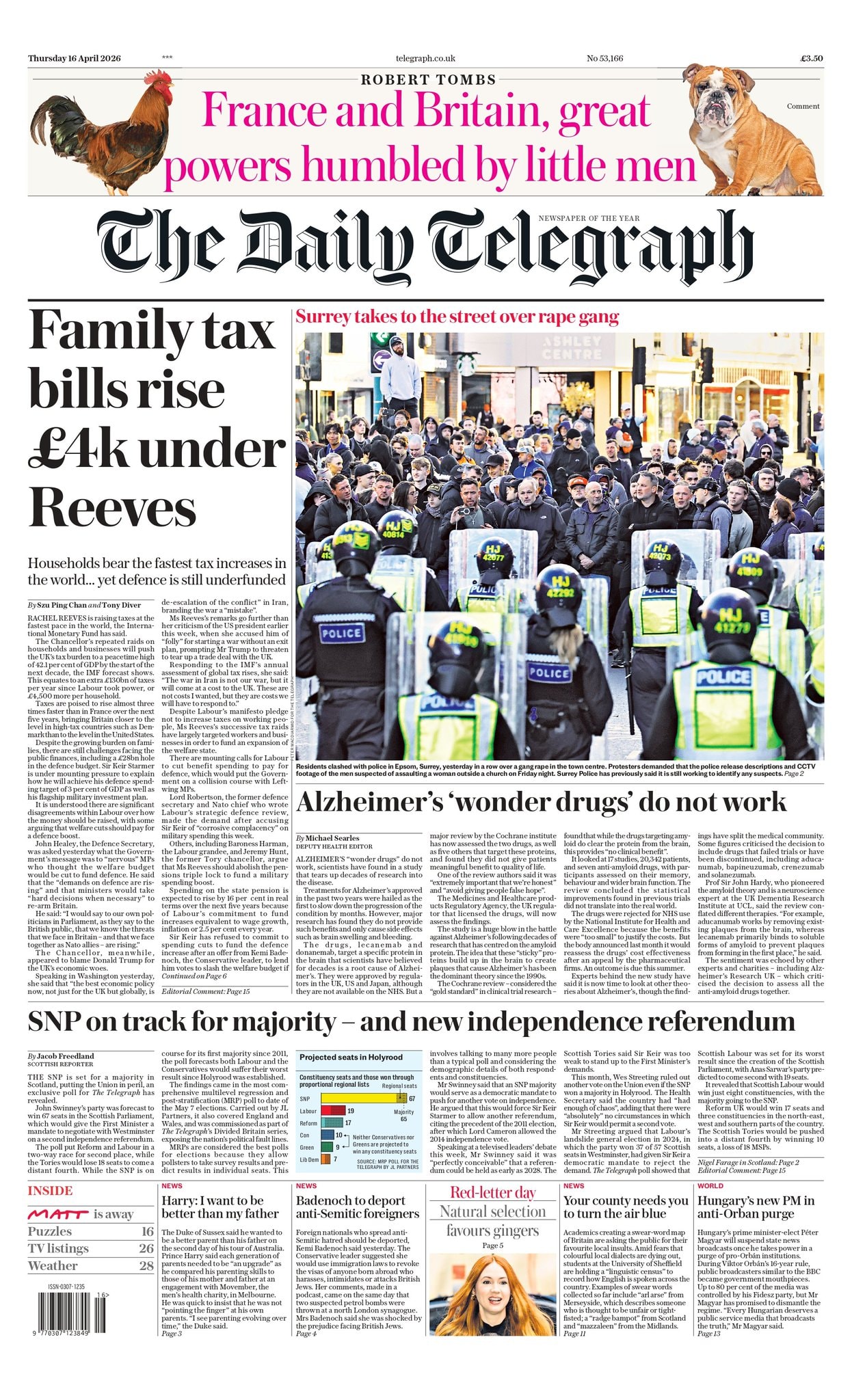Front page of Daily Telegraph, 16 April 2026