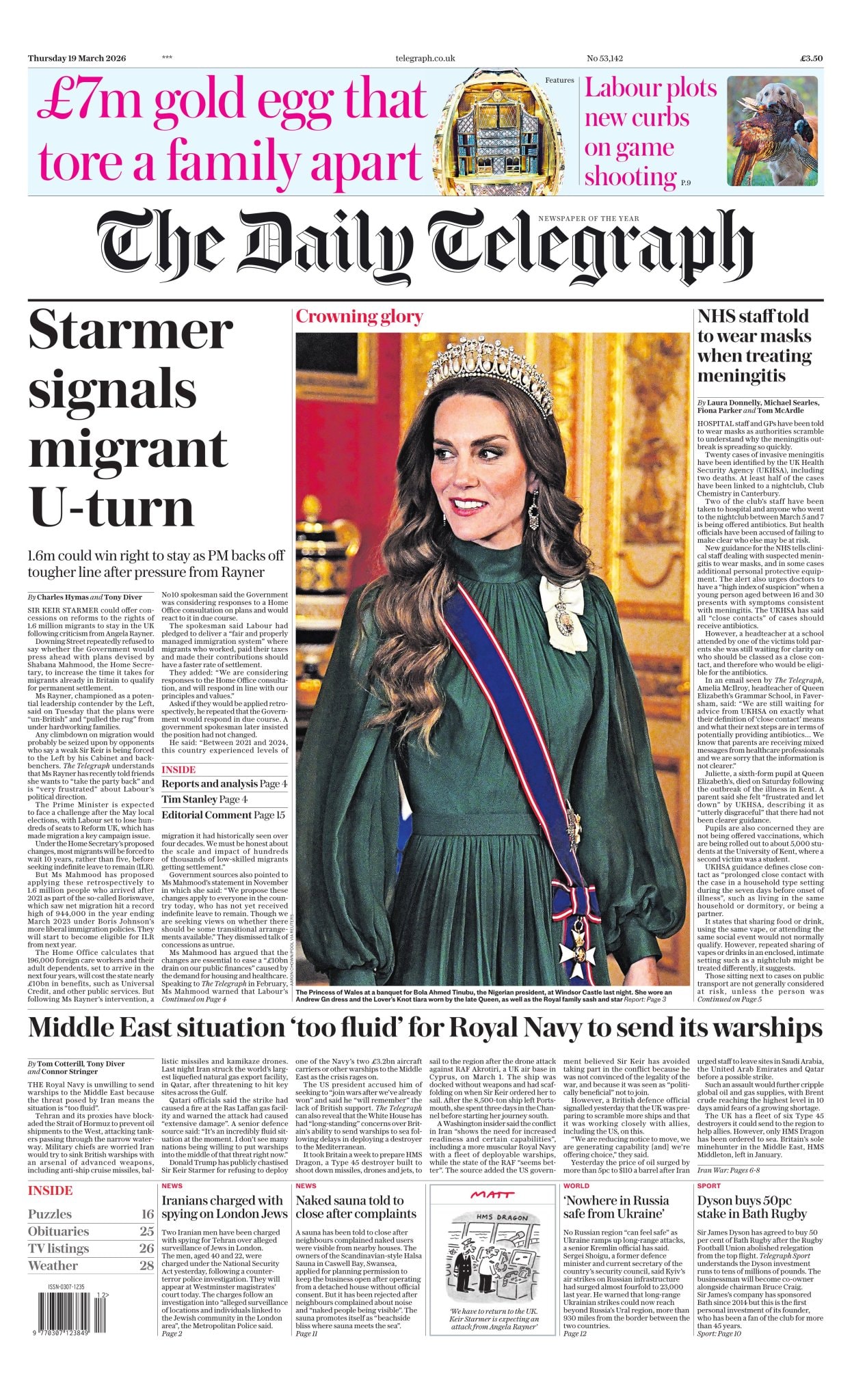 Front page of Daily Telegraph, 19 March 2026