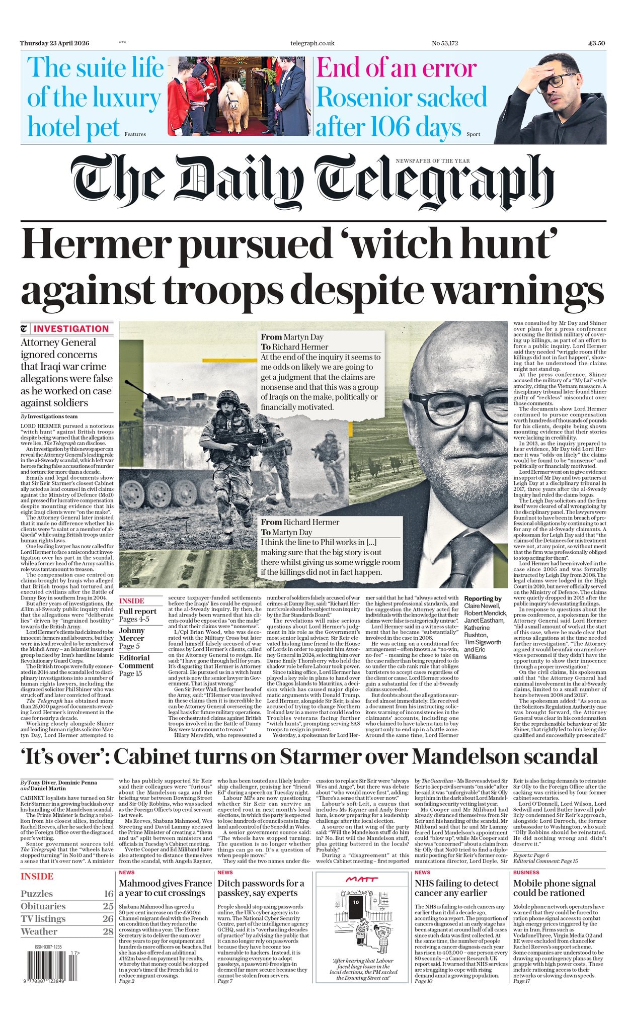 Front page of Daily Telegraph, 23 April 2026