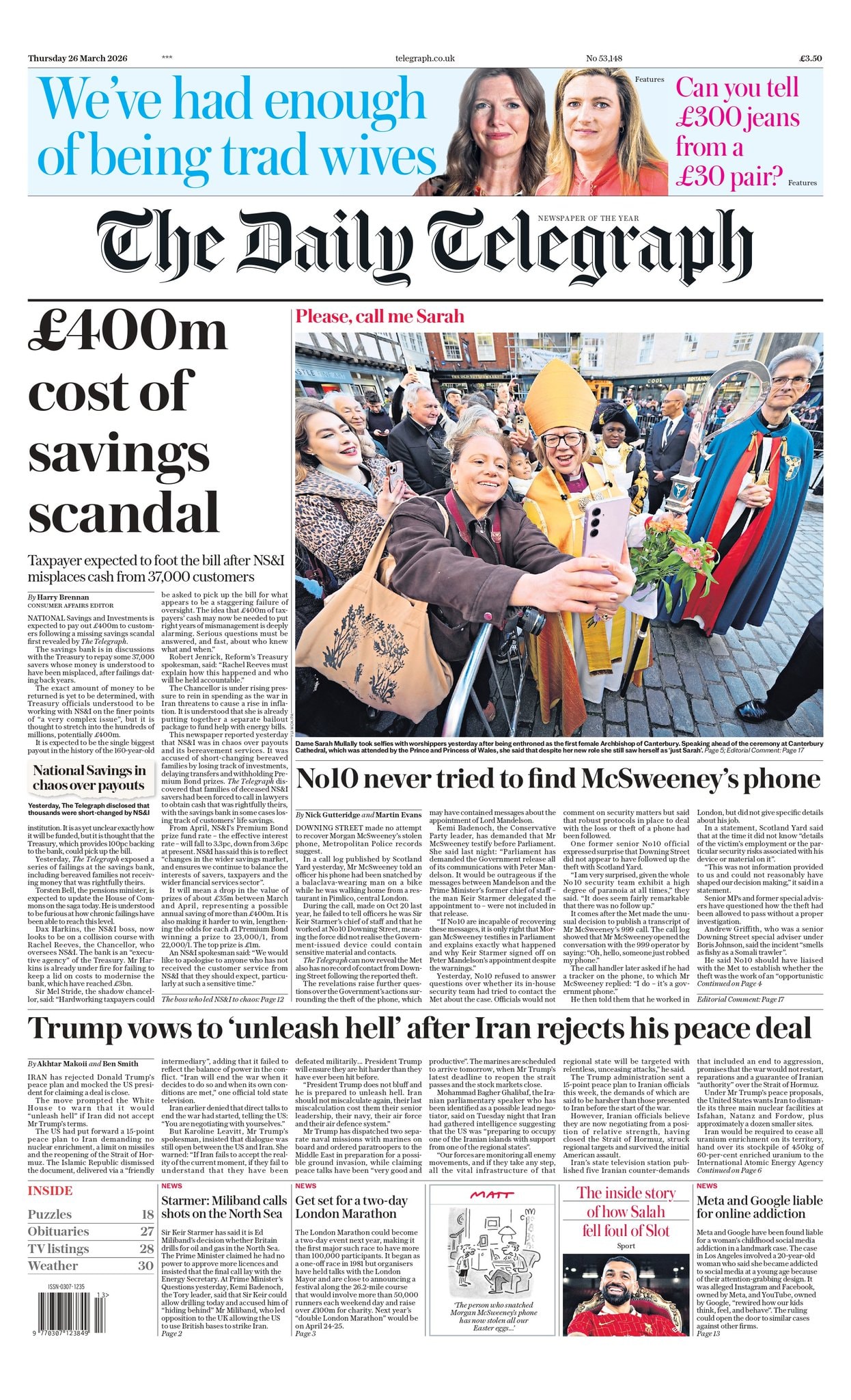 Front page of Daily Telegraph, 26 March 2026