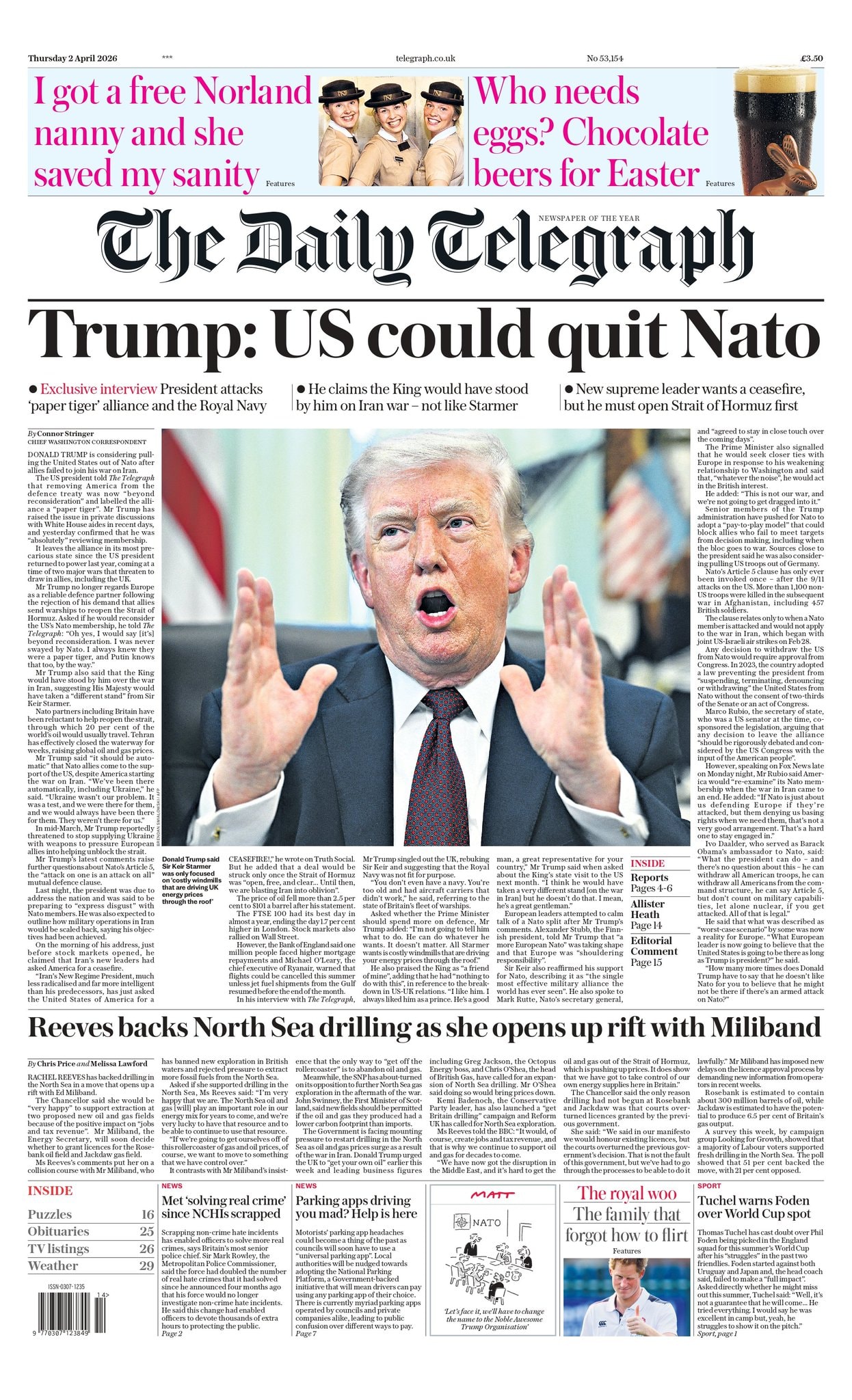 Front page of Daily Telegraph, 2 April 2026