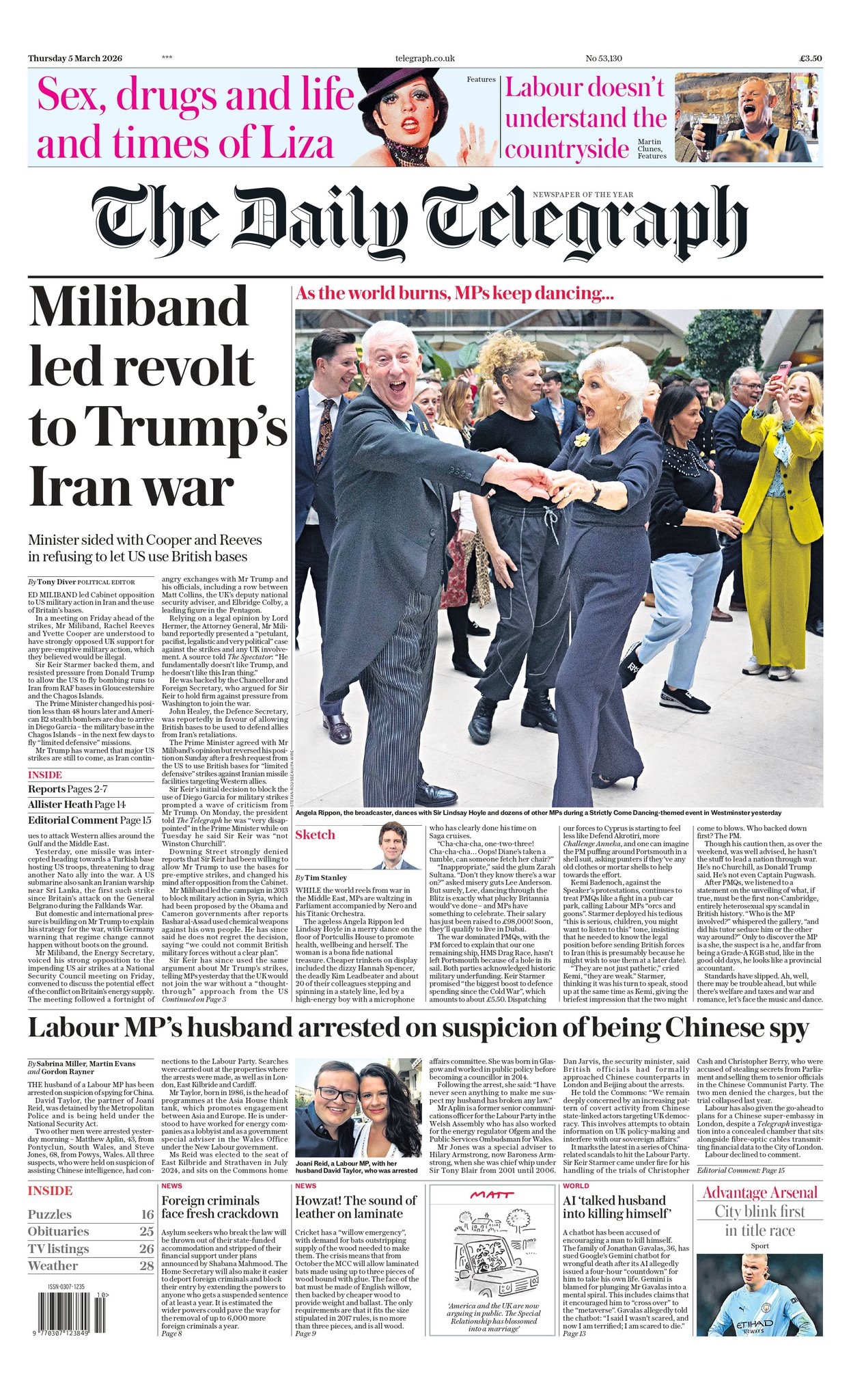 Front page of Daily Telegraph, 5 March 2026