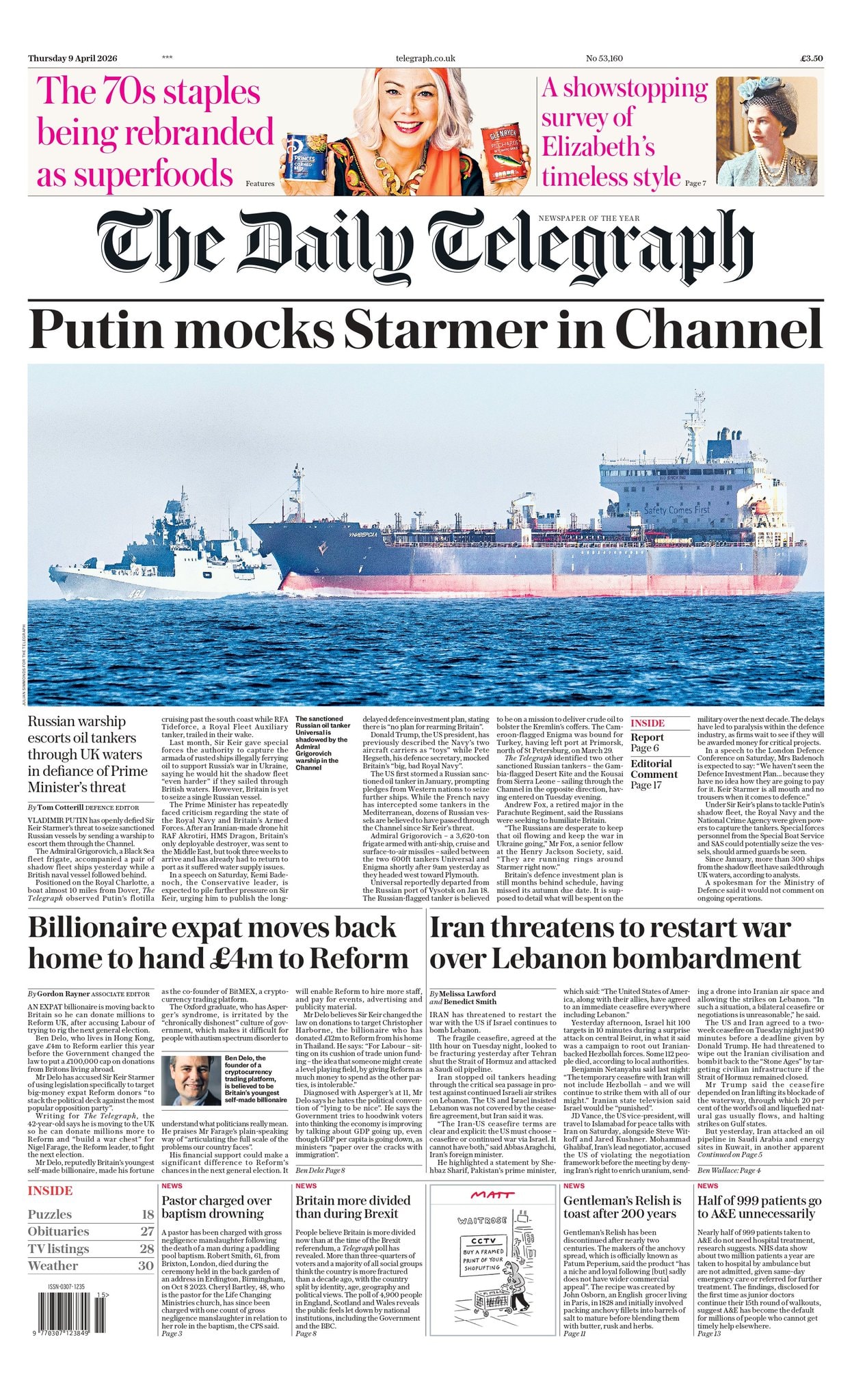 Front page of Daily Telegraph, 9 April 2026