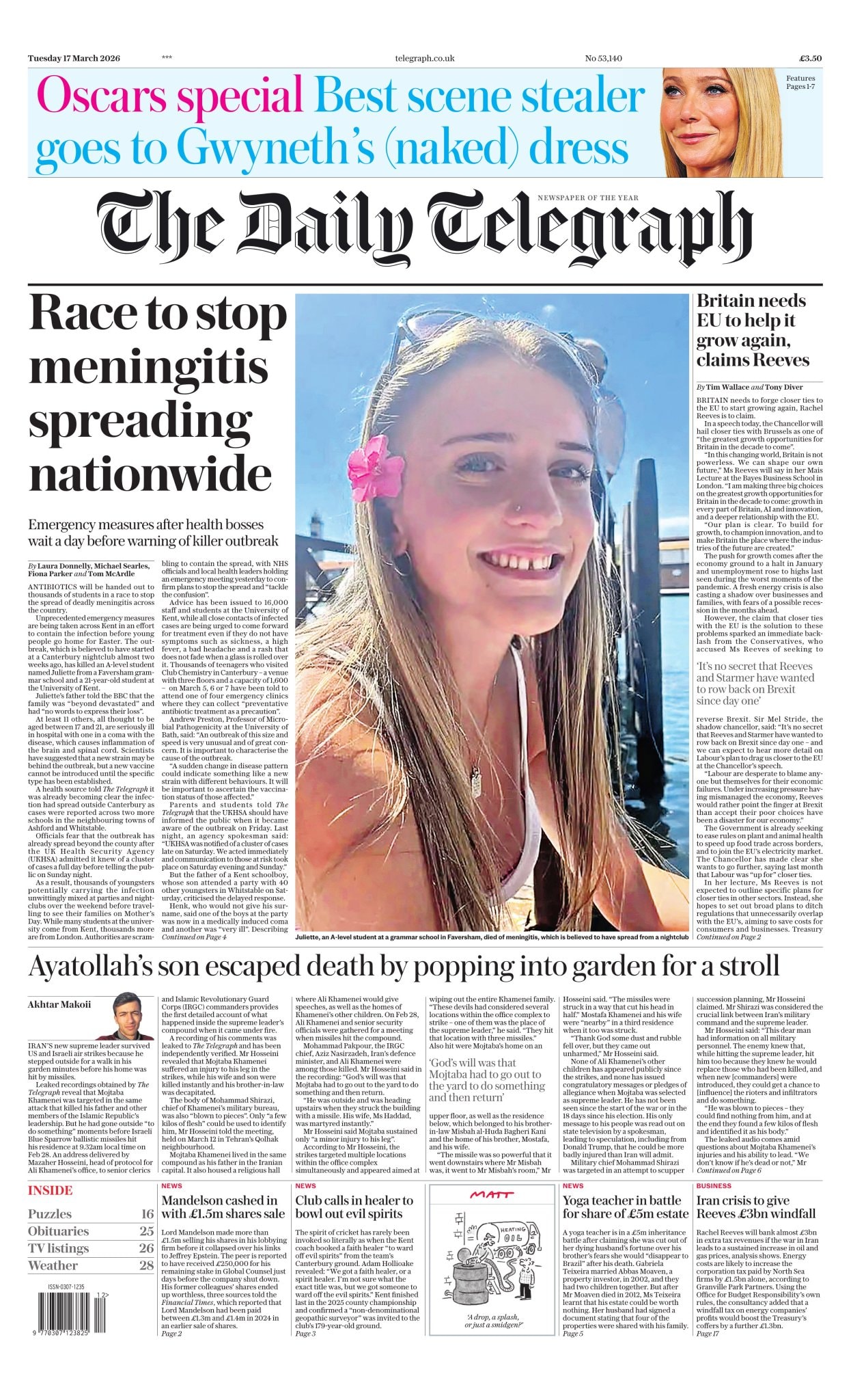 Front page of Daily Telegraph, 17 March 2026