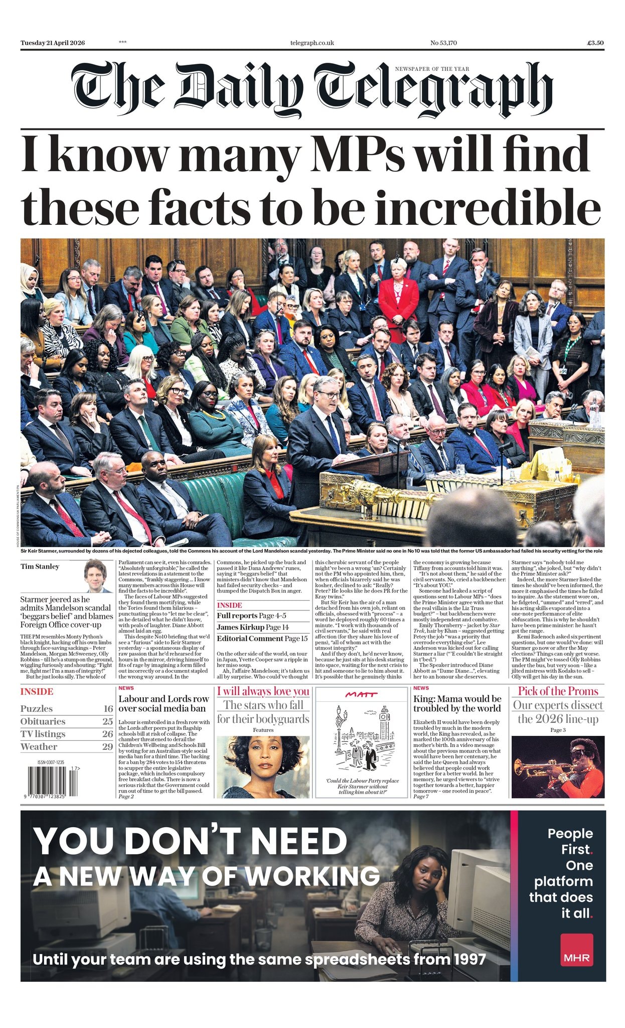 Front page of Daily Telegraph, 21 April 2026