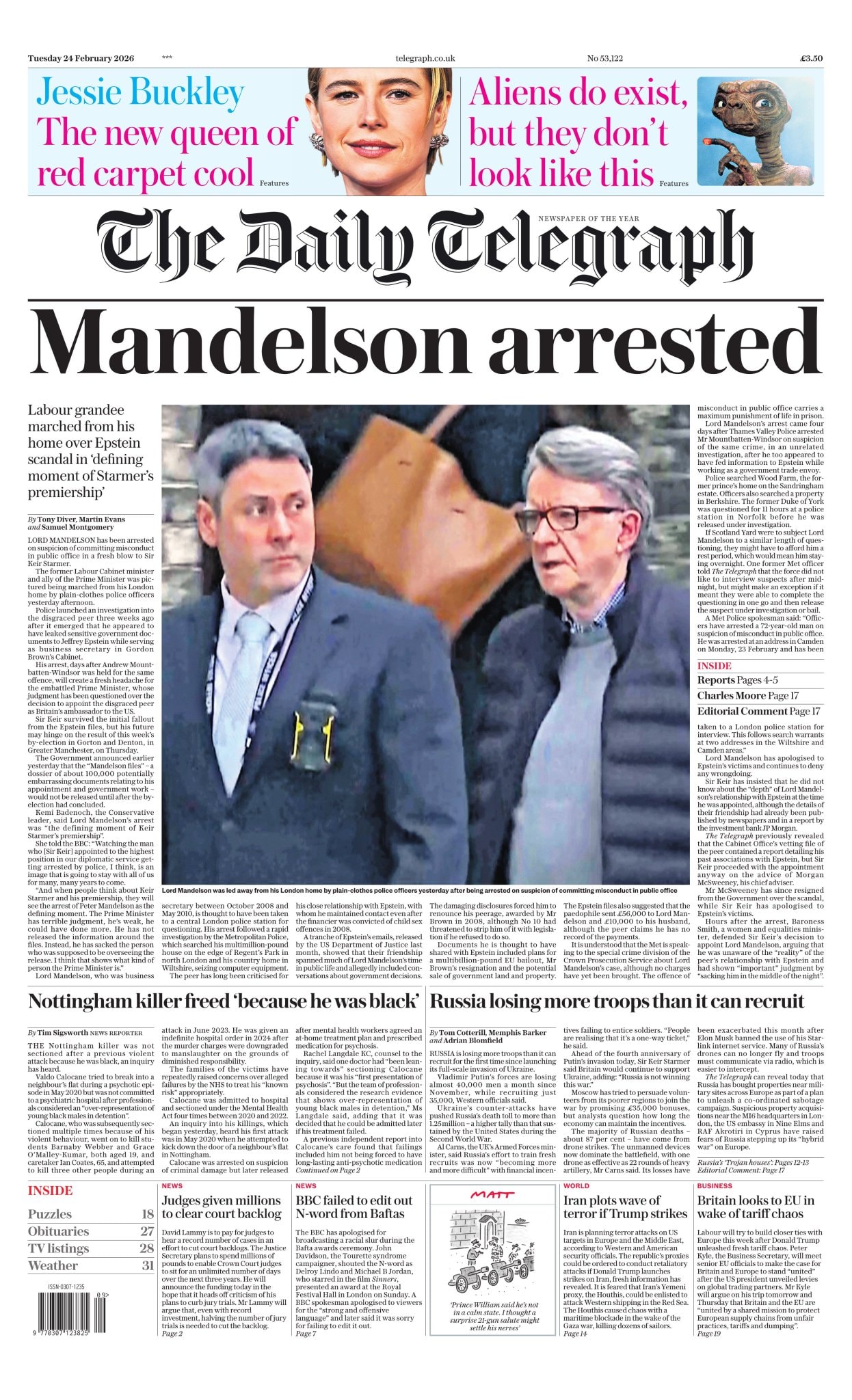 Front page of Daily Telegraph, 24 February 2026