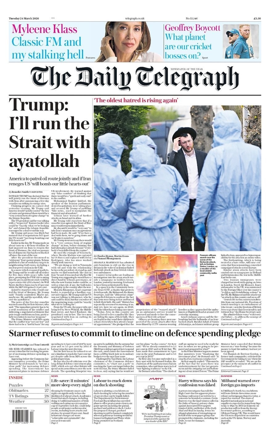 Front page of Daily Telegraph, 24 March 2026