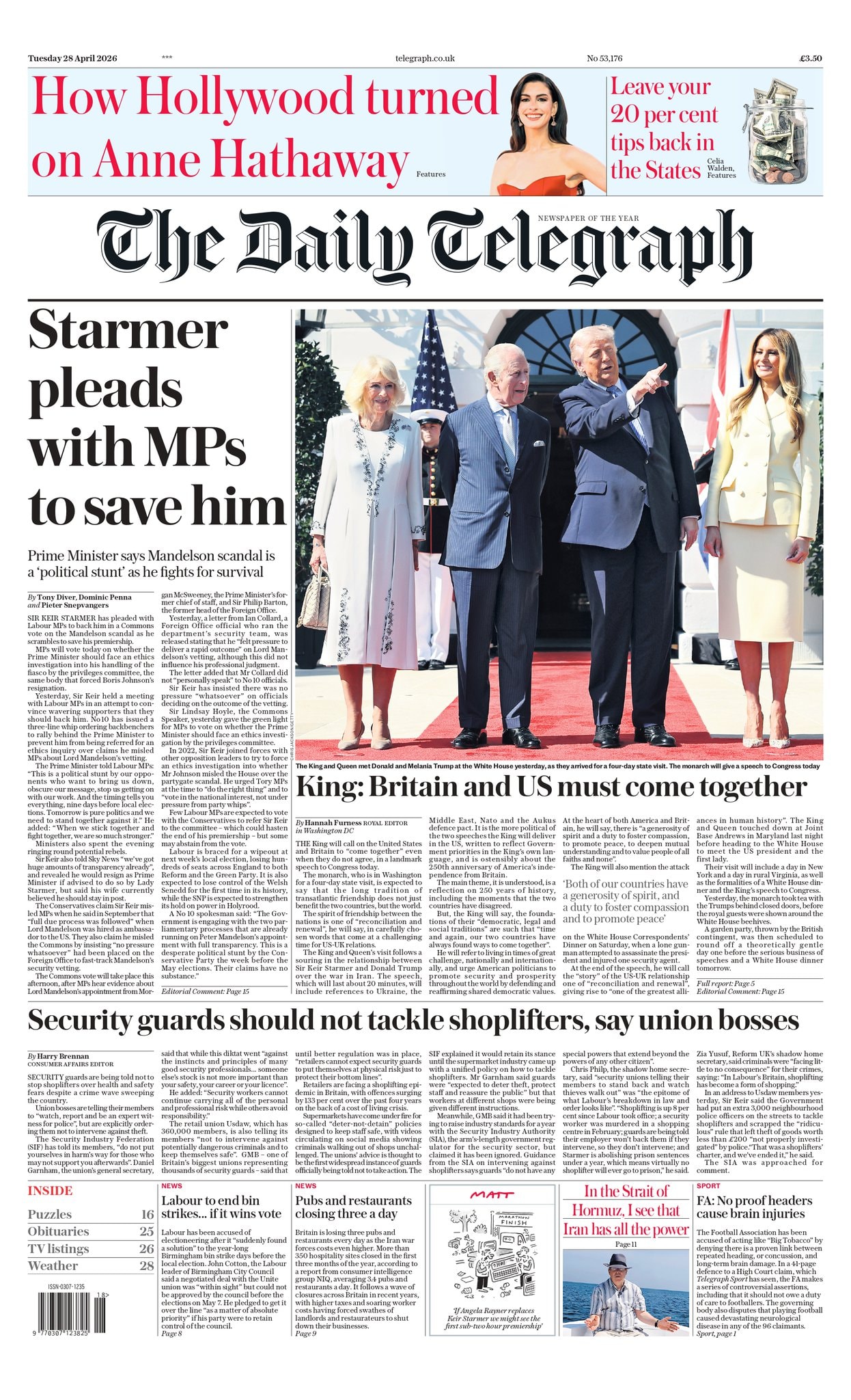 Front page of Daily Telegraph, 28 April 2026