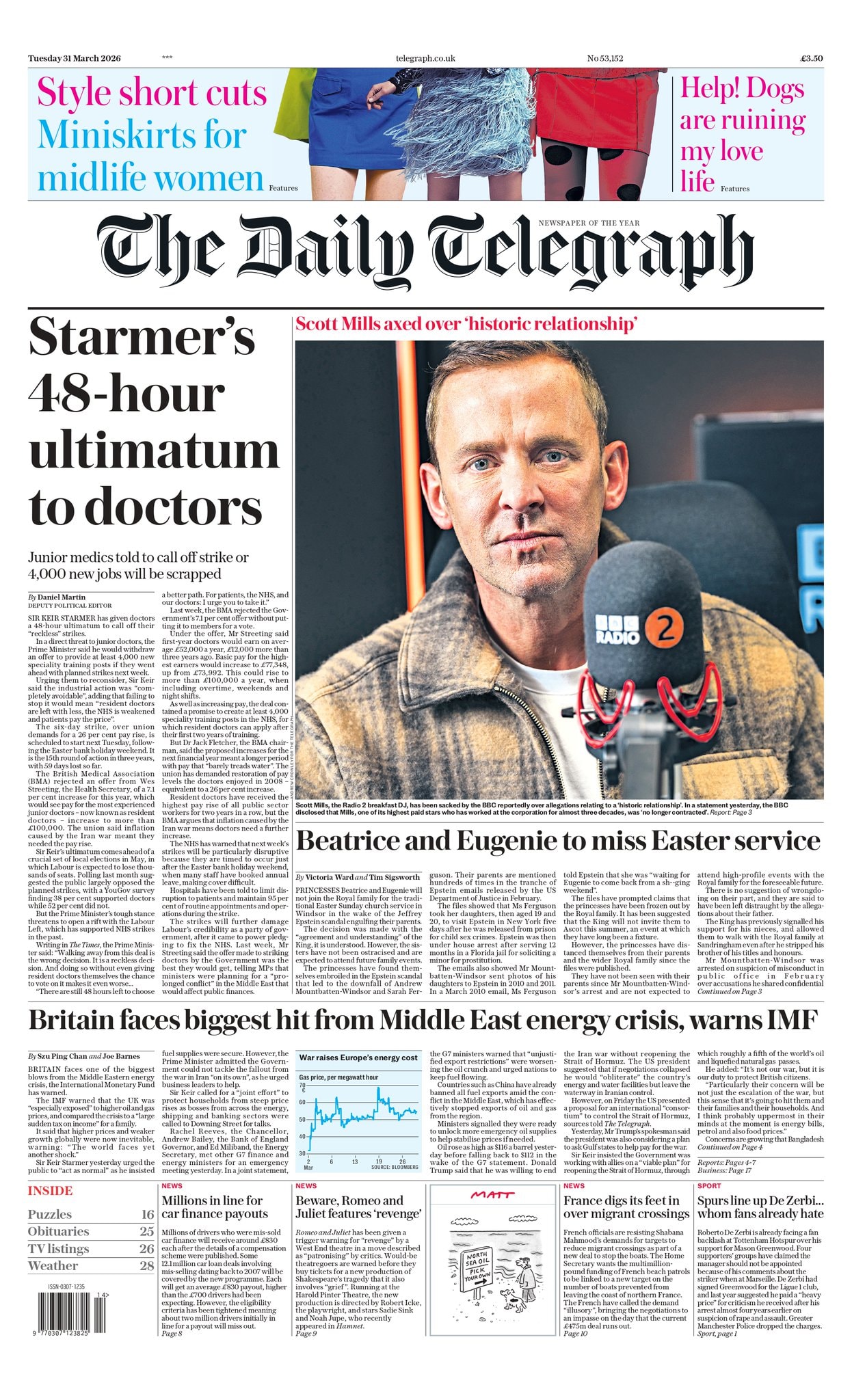 Front page of Daily Telegraph, 31 March 2026