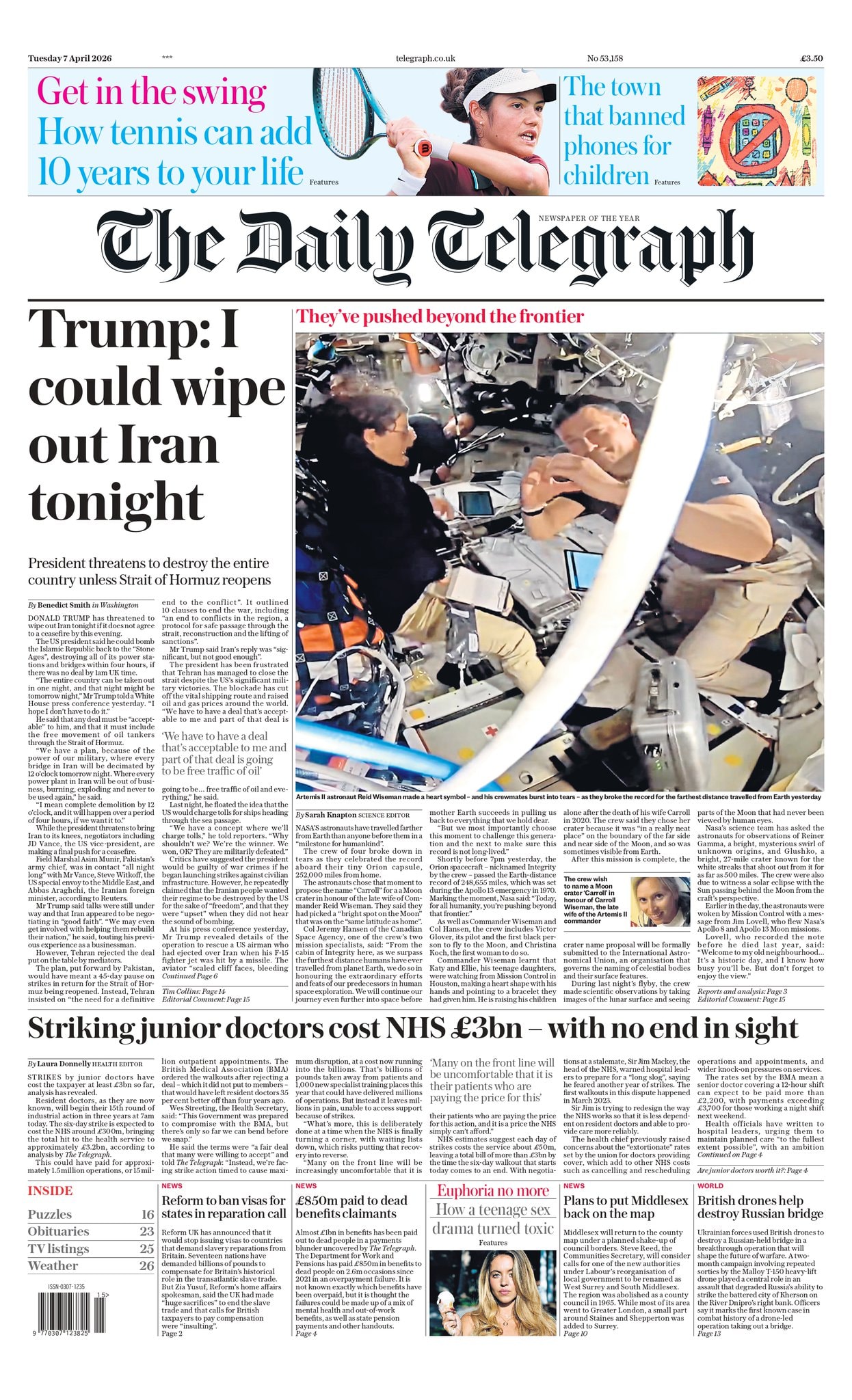 Front page of Daily Telegraph, 7 April 2026