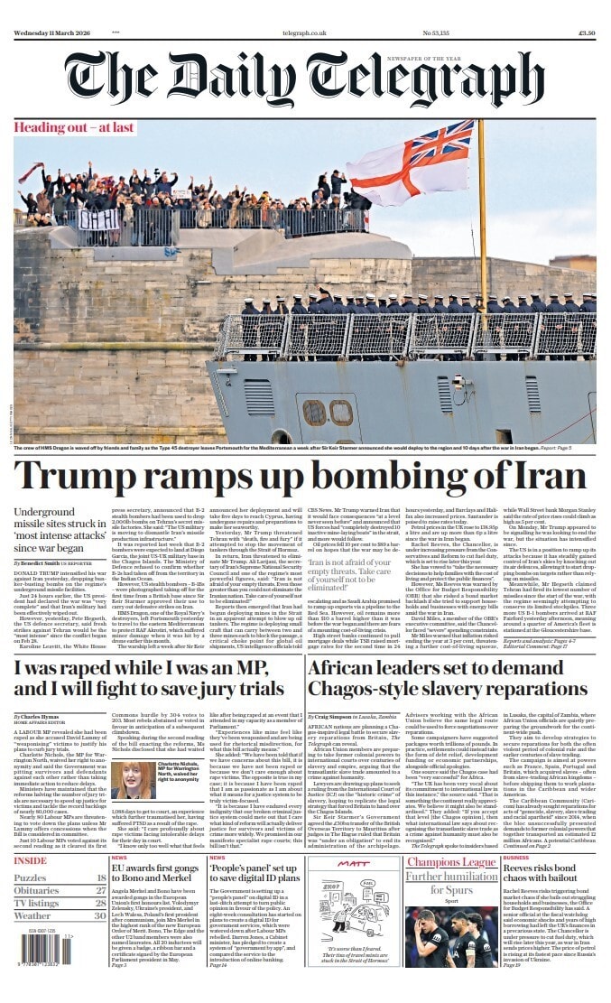 Front page of Daily Telegraph, 11 March 2026