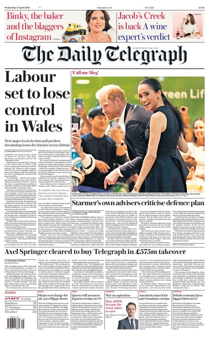 Front page of Daily Telegraph, 15 April 2026