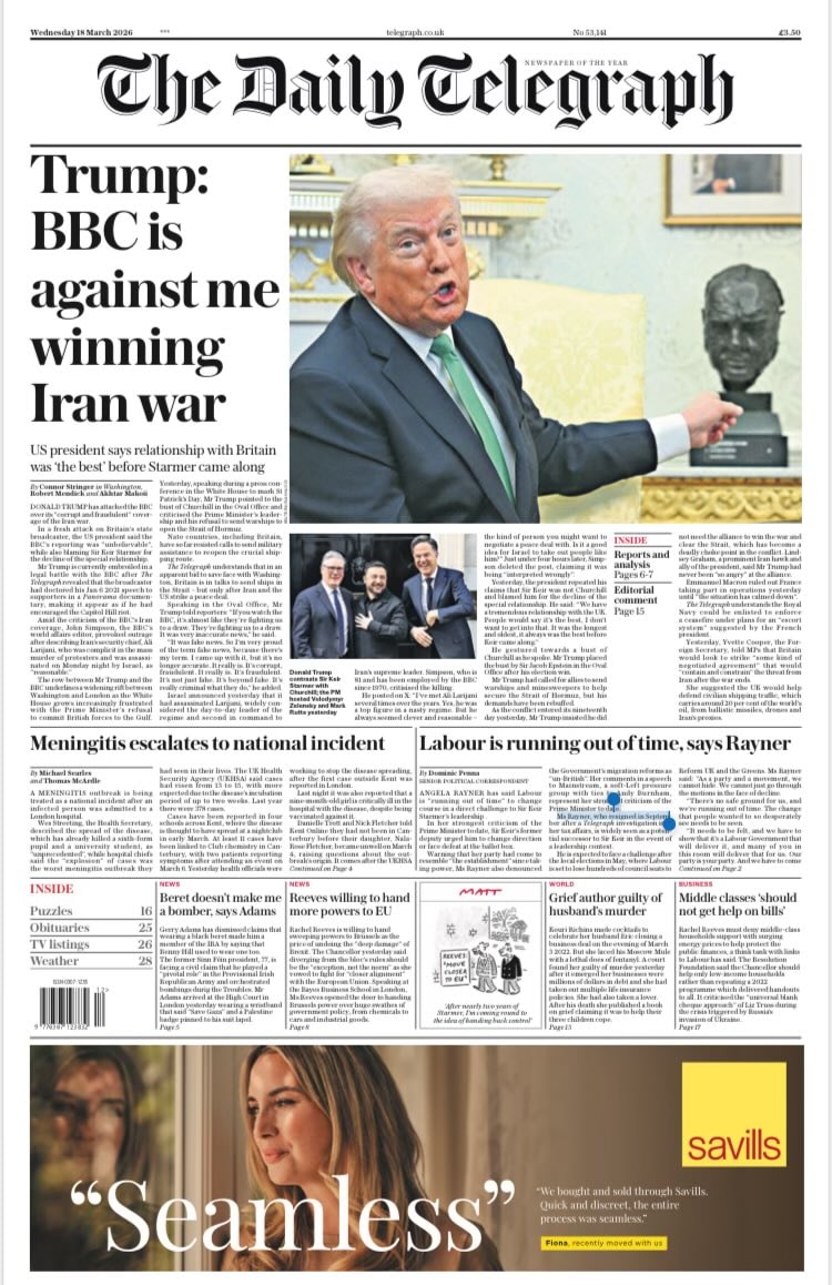 Front page of Daily Telegraph, 18 March 2026