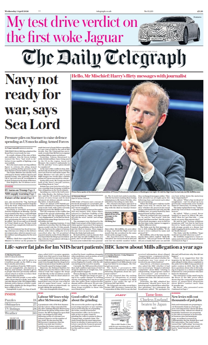 Front page of Daily Telegraph, 1 April 2026