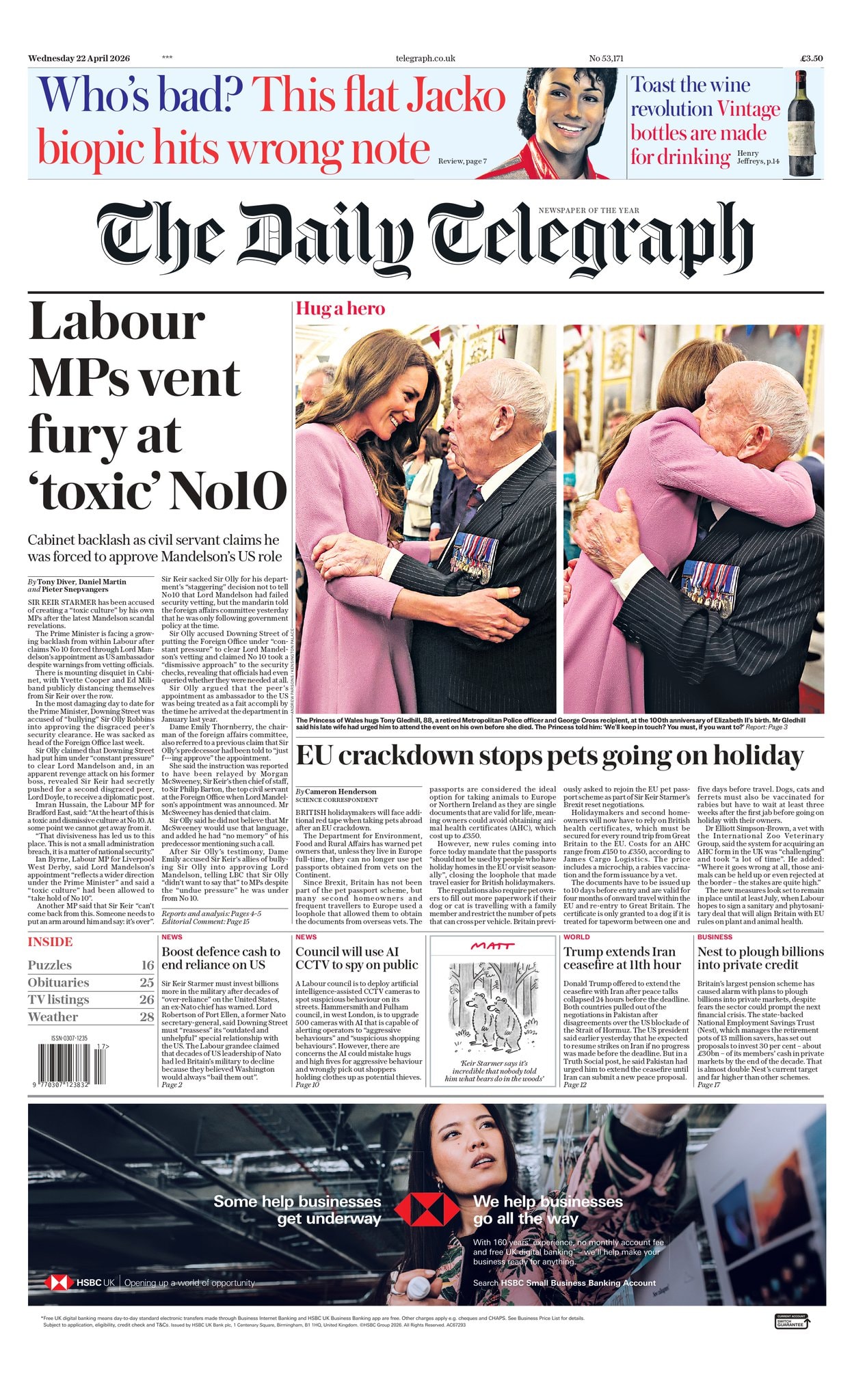 Front page of Daily Telegraph, 22 April 2026