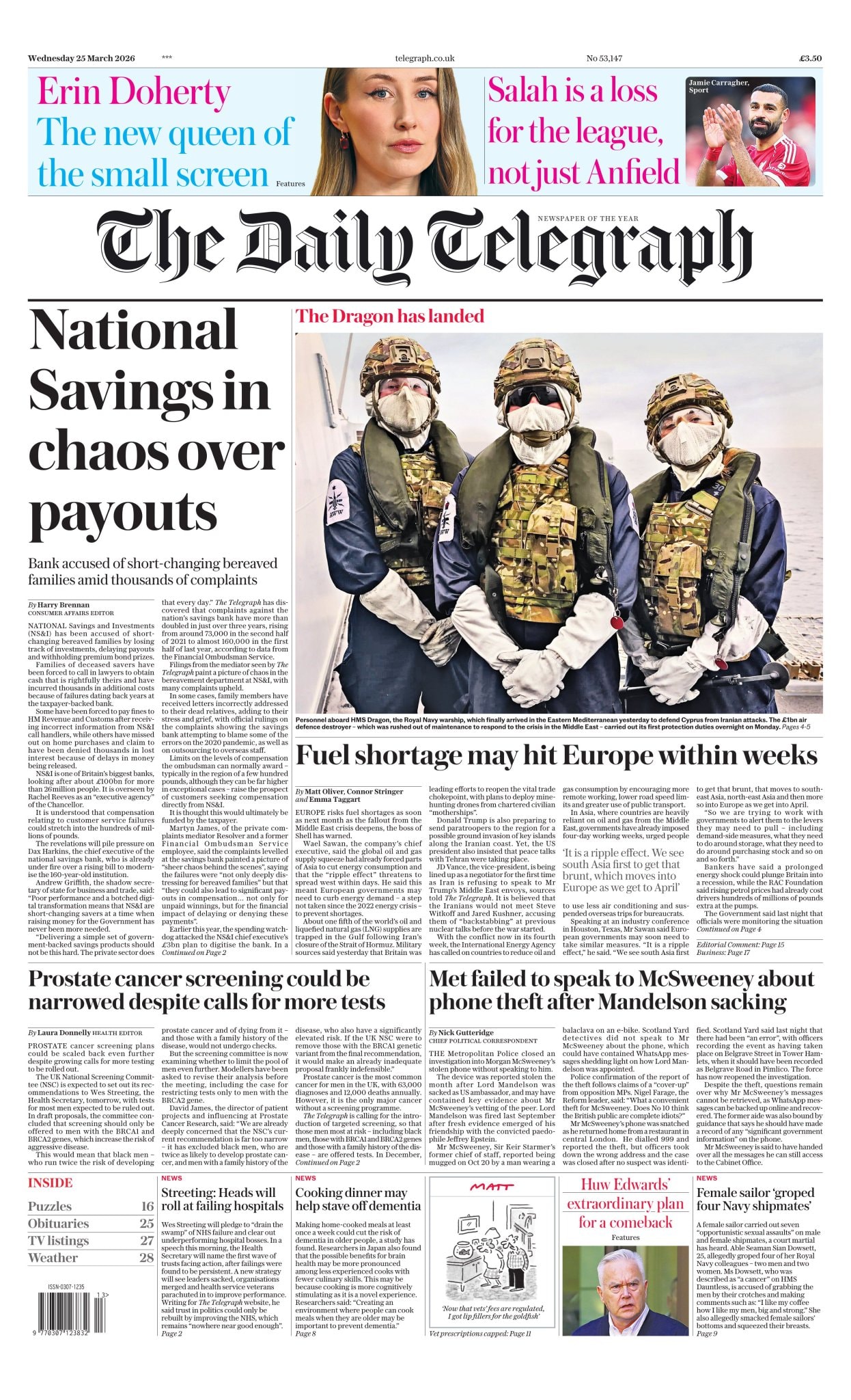 Front page of Daily Telegraph, 25 March 2026