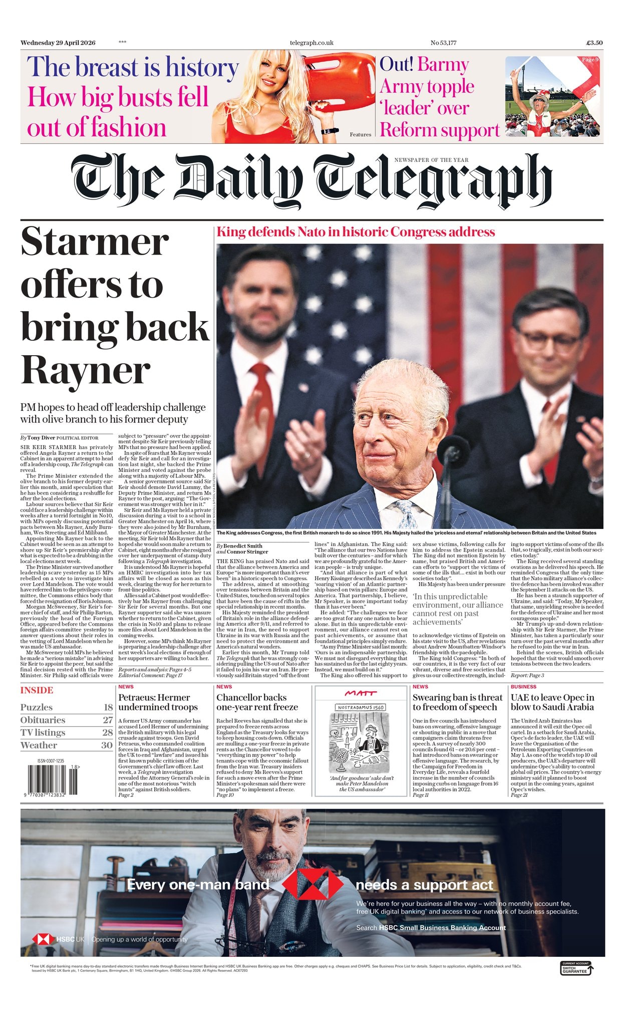 Front page of Daily Telegraph, 29 April 2026