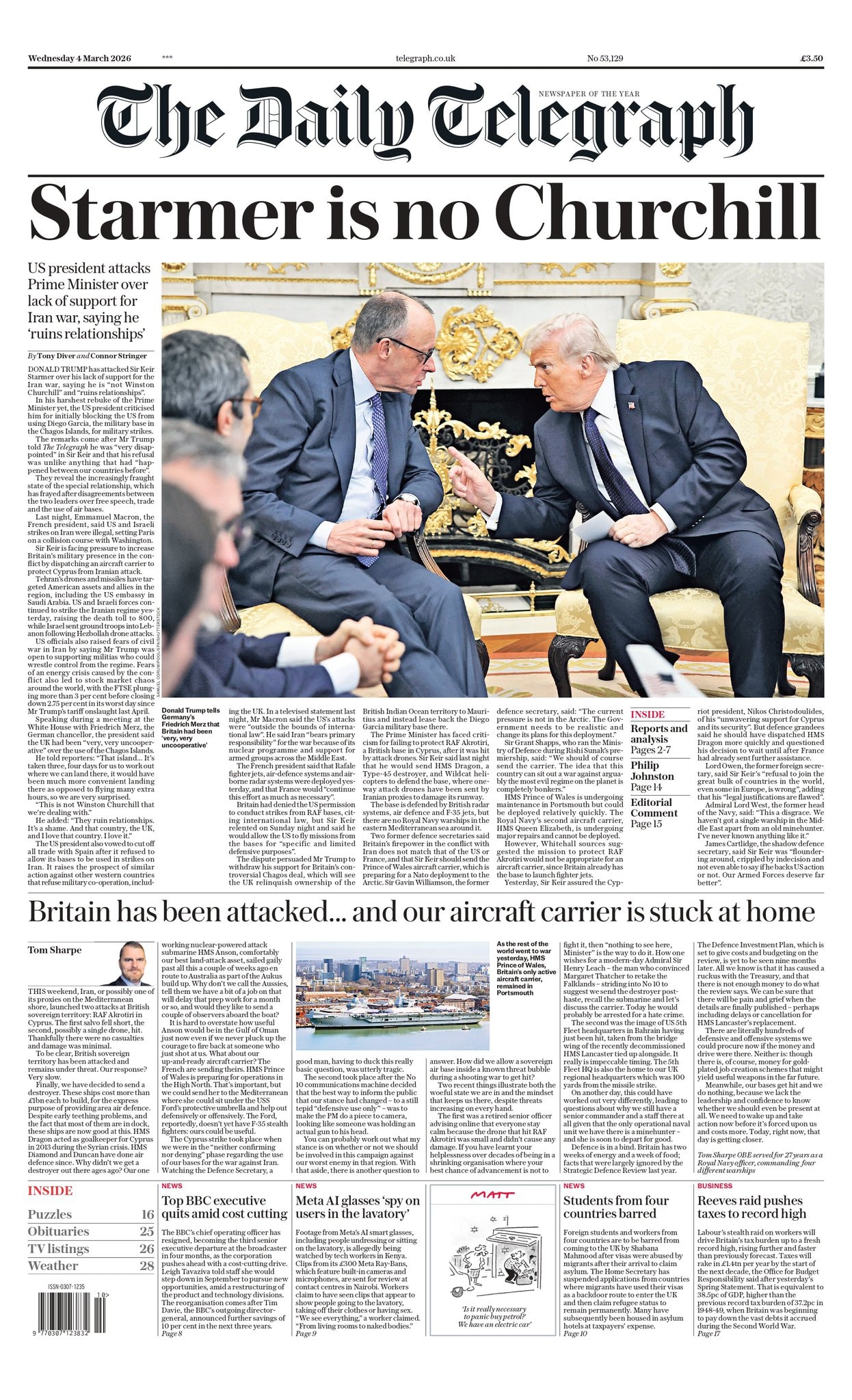 Front page of Daily Telegraph, 4 March 2026