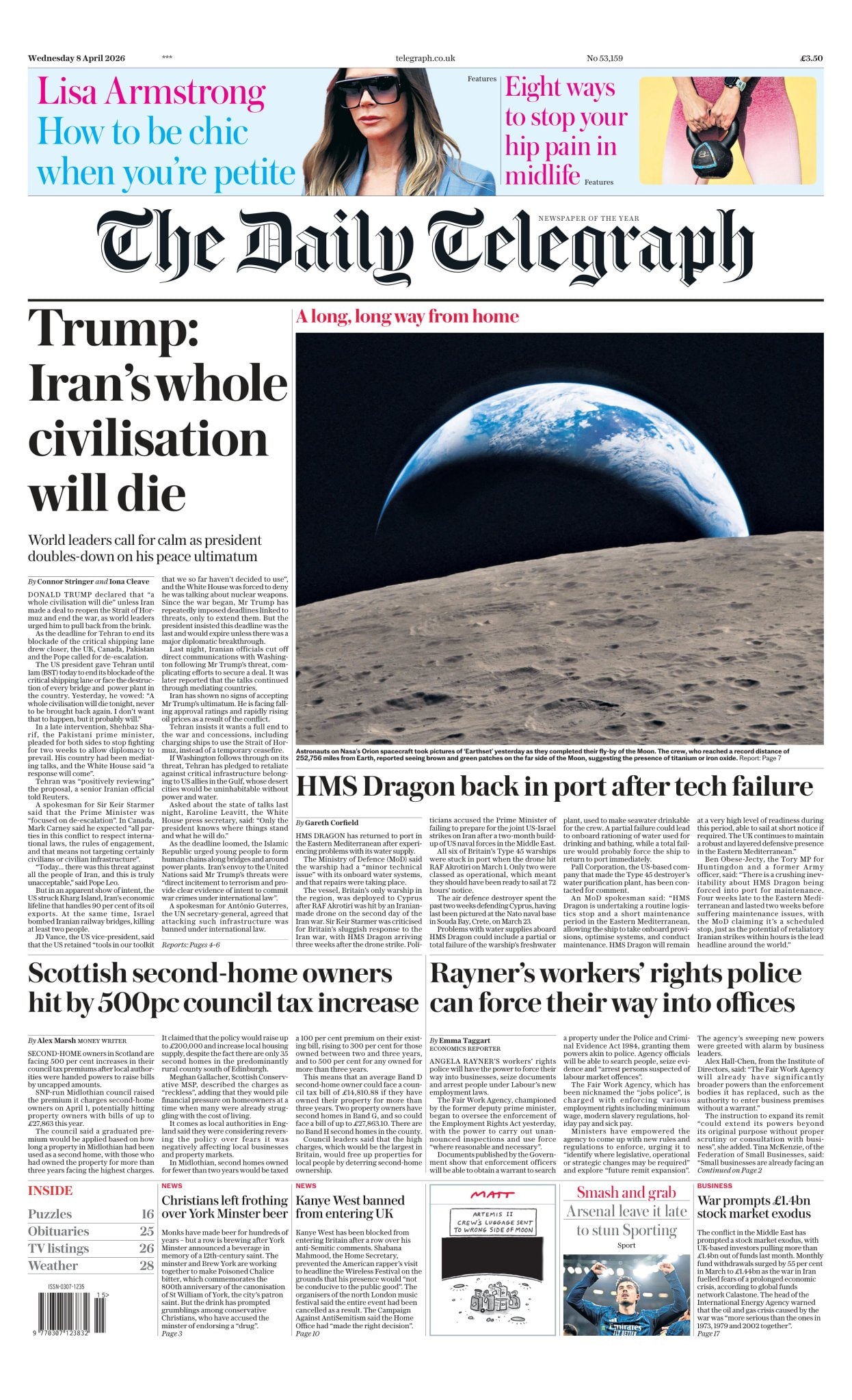 Front page of Daily Telegraph, 8 April 2026