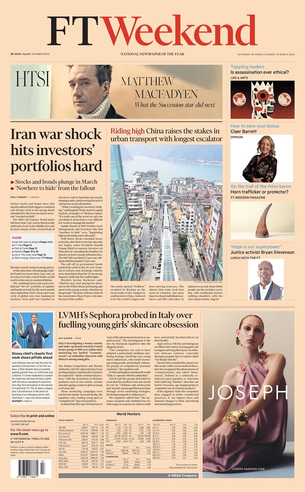 Front page of FT Weekend, 28 March 2026