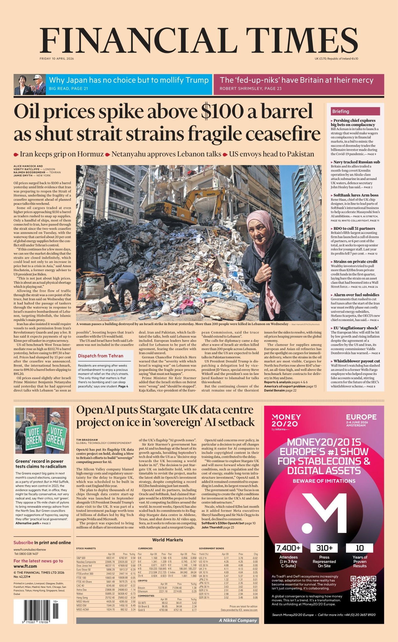 Front page of Financial Times, 10 April 2026