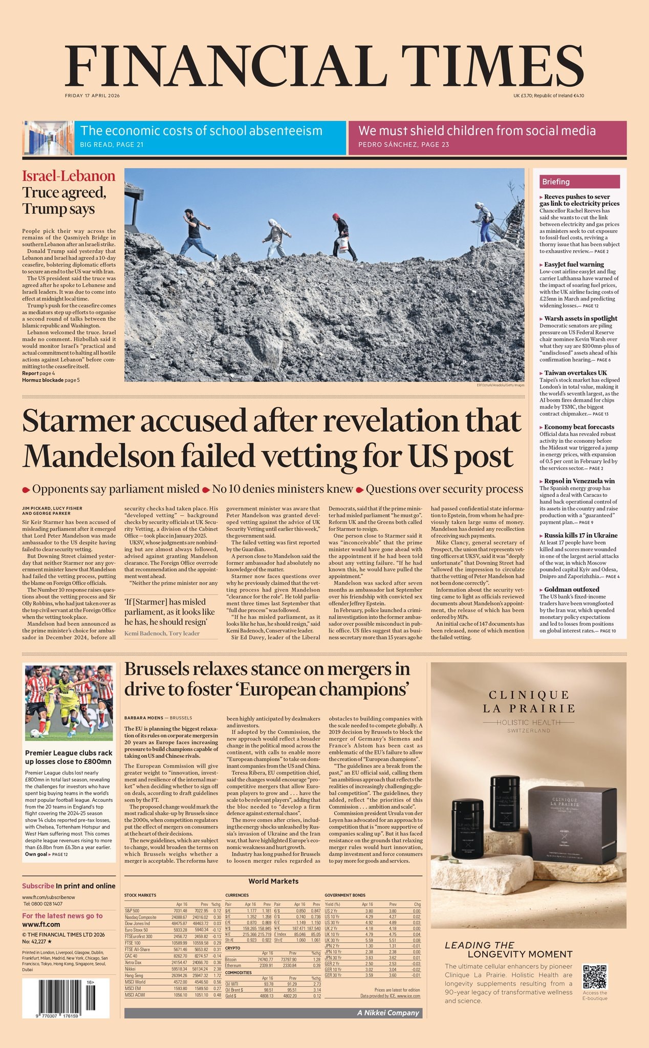 Front page of Financial Times, 17 April 2026