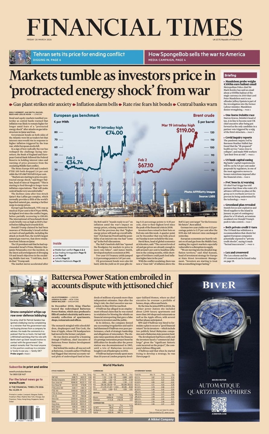 Front page of Financial Times, 20 March 2026