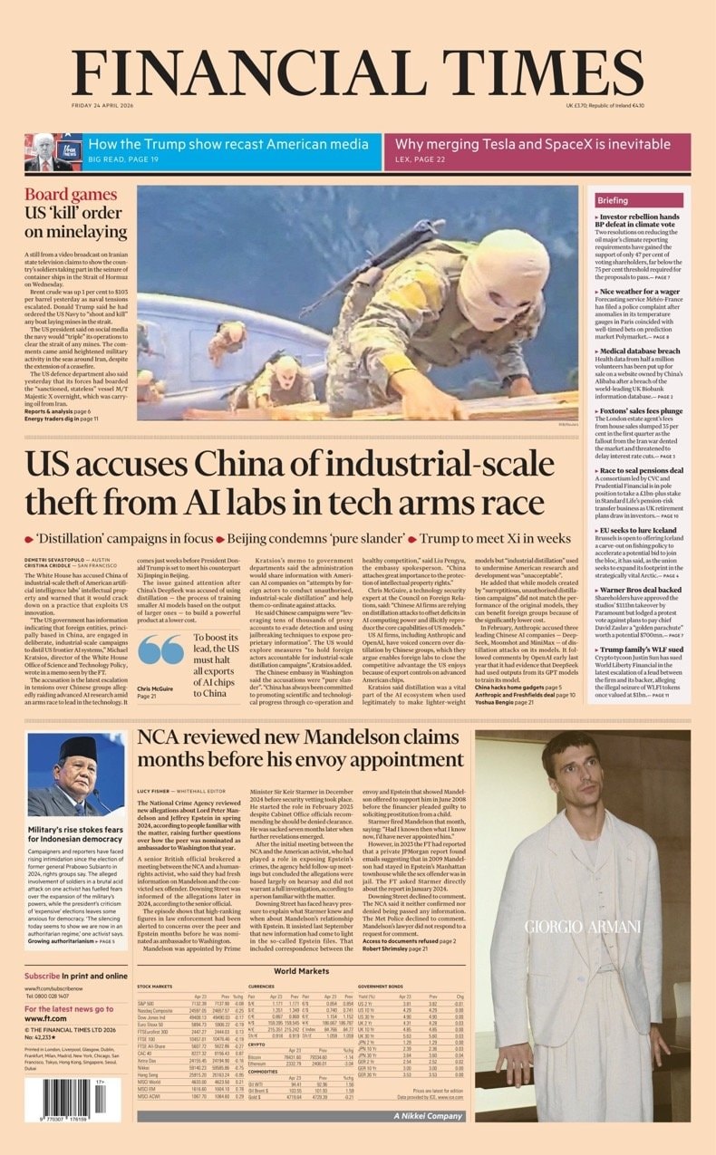 Front page of Financial Times, 24 April 2026