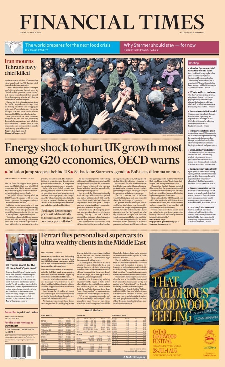 Front page of Financial Times, 27 March 2026