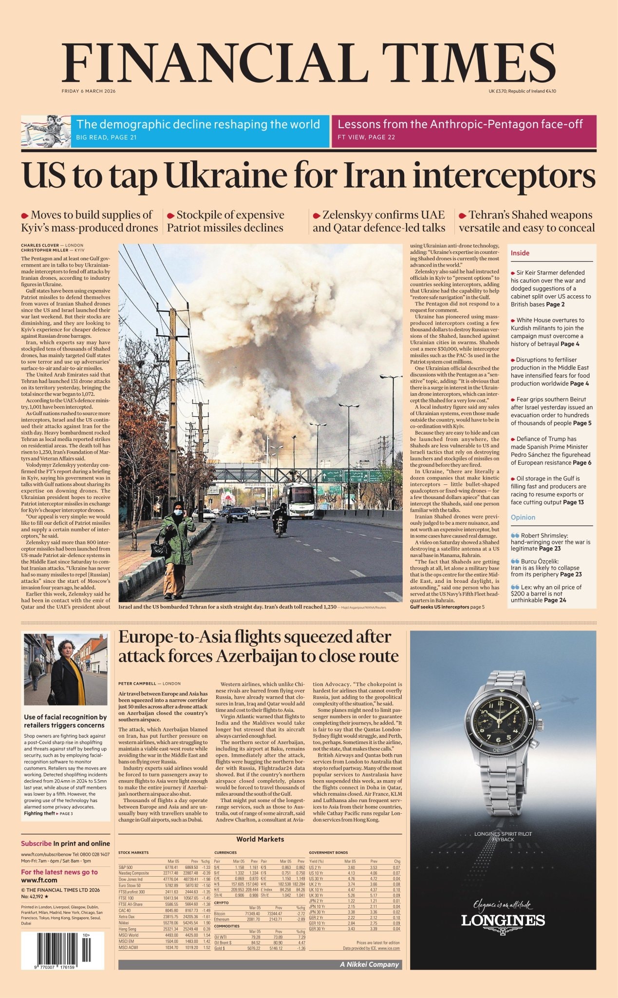 Front page of Financial Times, 6 March 2026