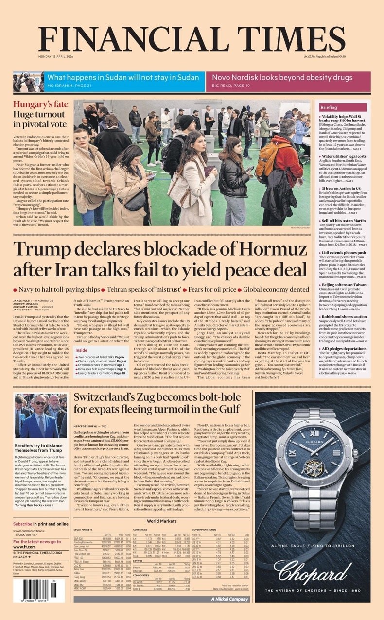 Front page of Financial Times, 13 April 2026