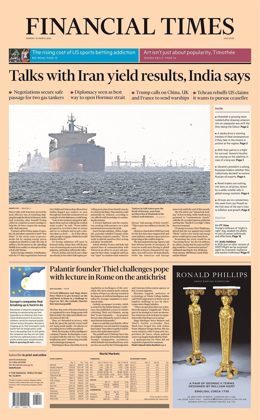 Front page of Financial Times, 16 March 2026