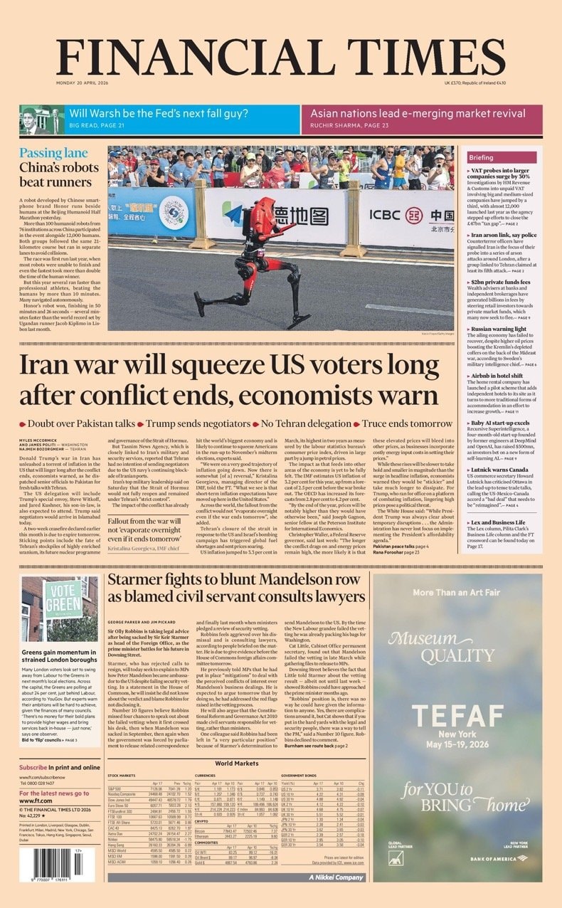 Front page of Financial Times, 20 April 2026