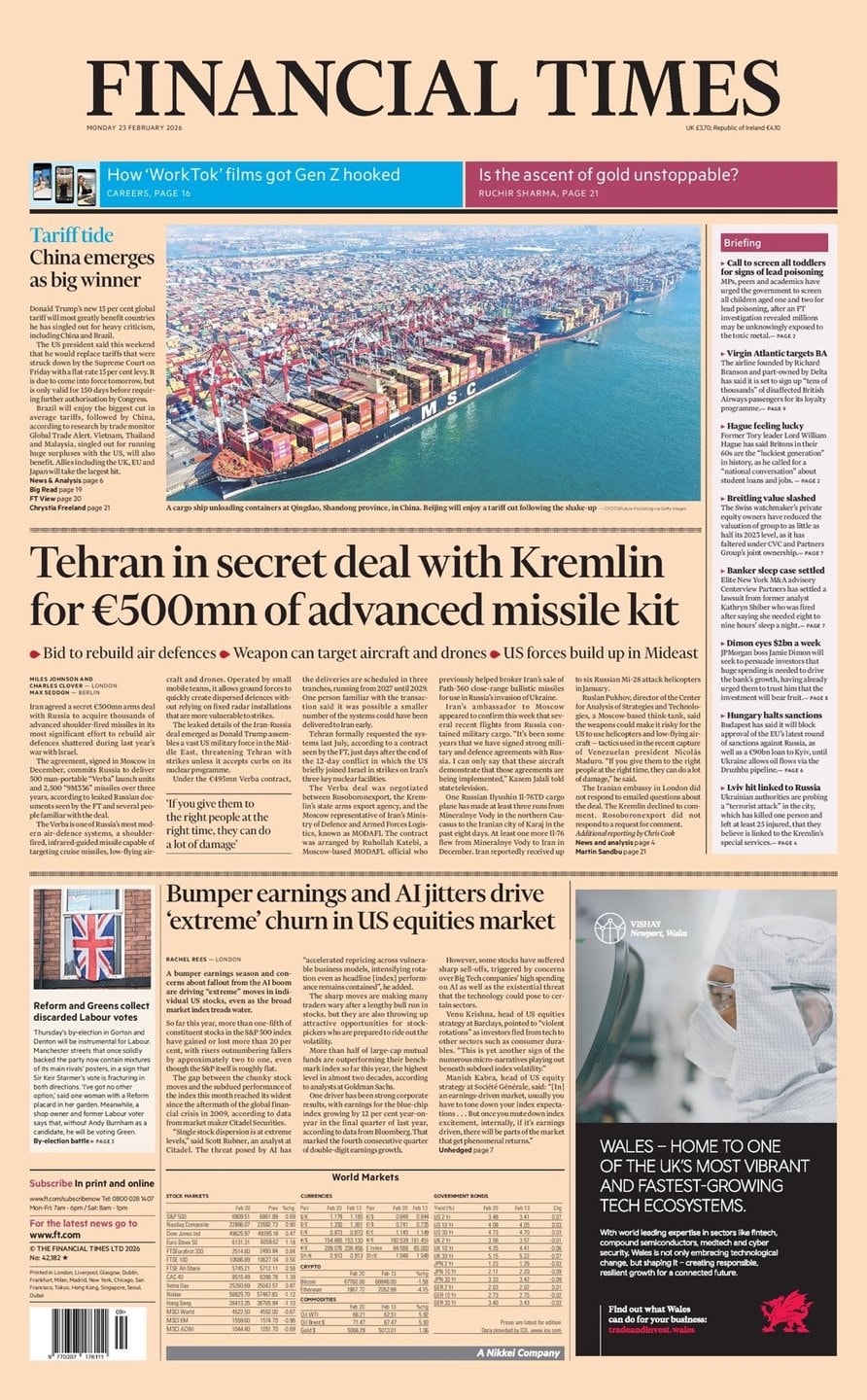 Front page of Financial Times, 23 February 2026