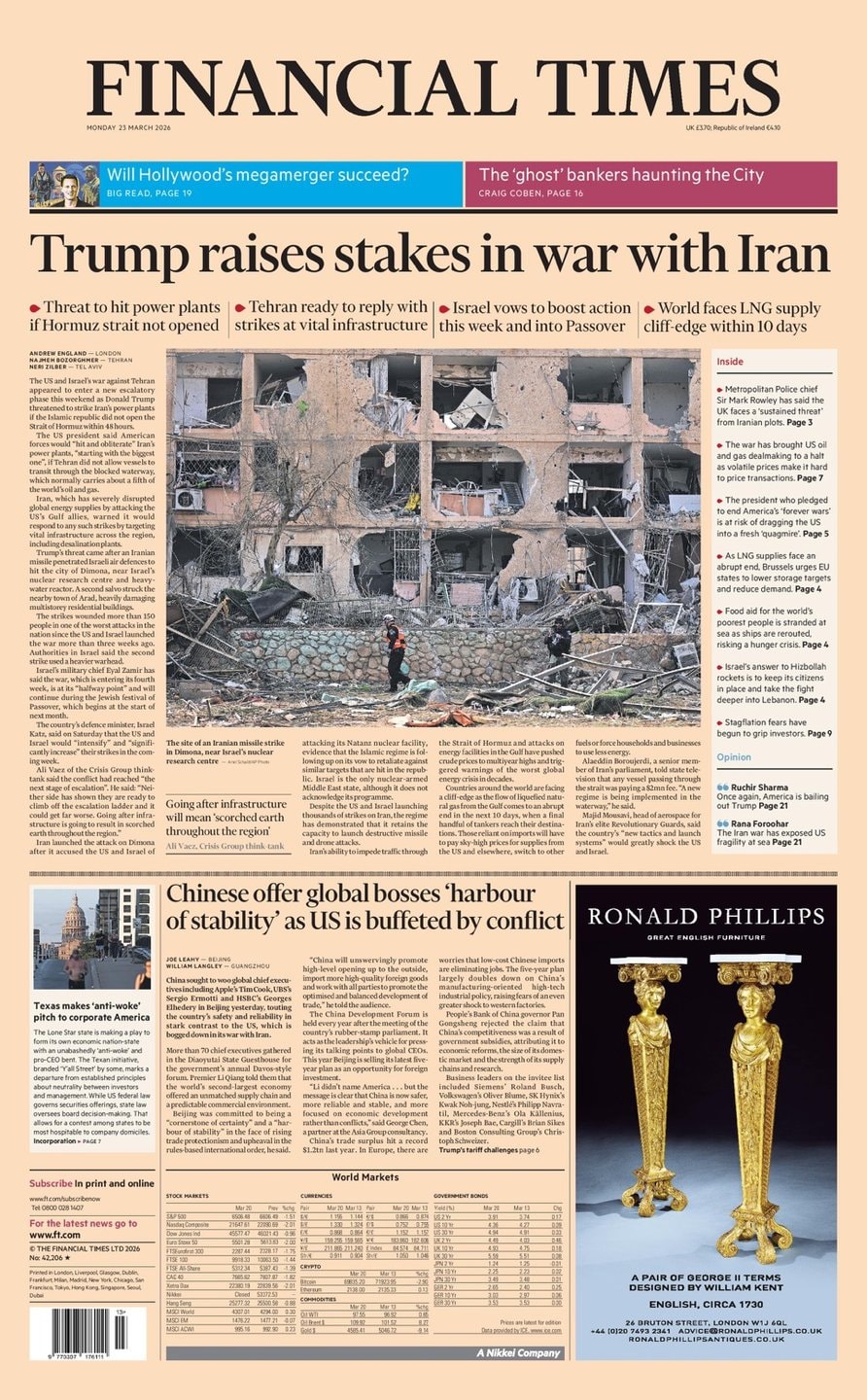 Front page of Financial Times, 23 March 2026
