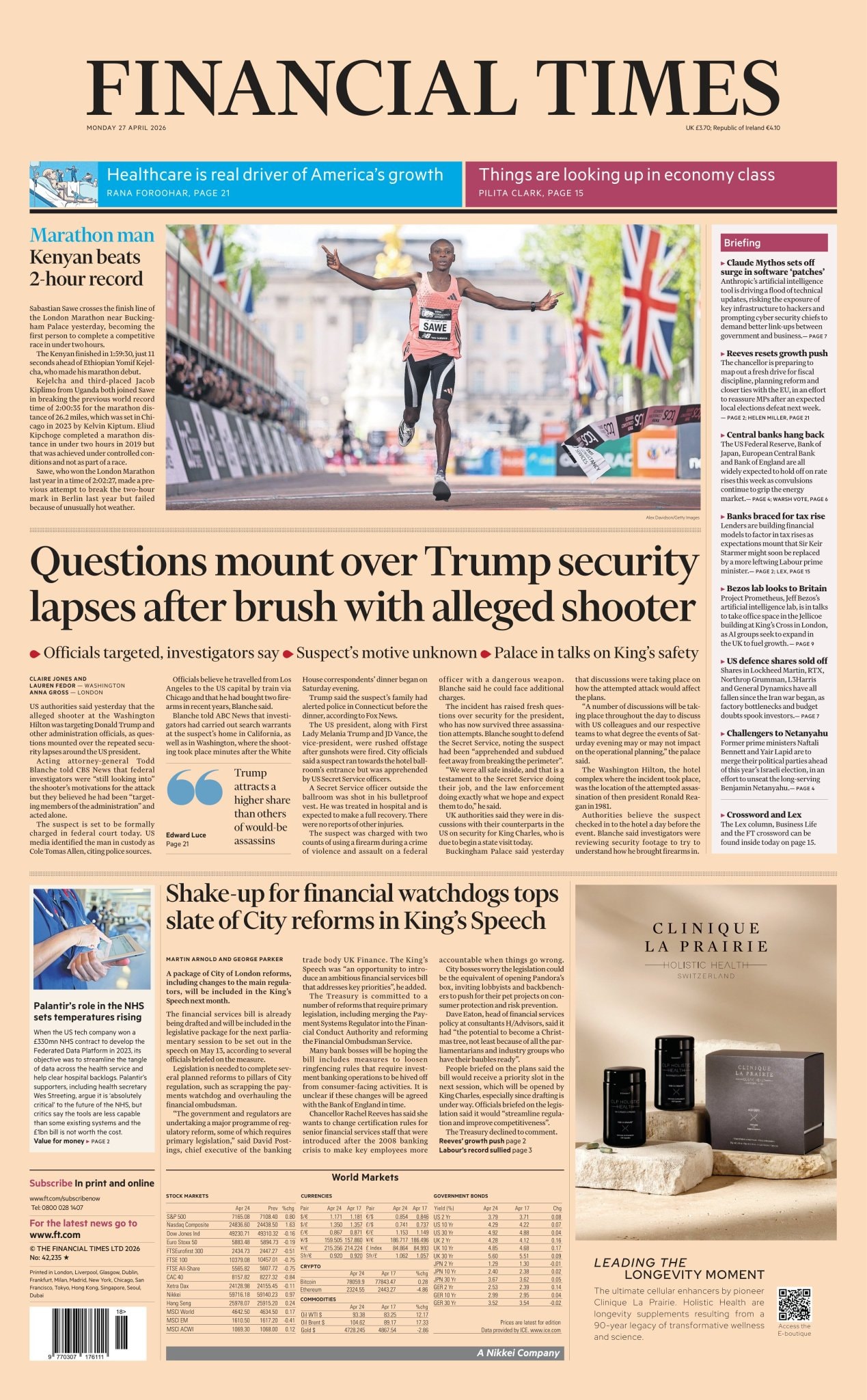 Front page of Financial Times, 27 April 2026