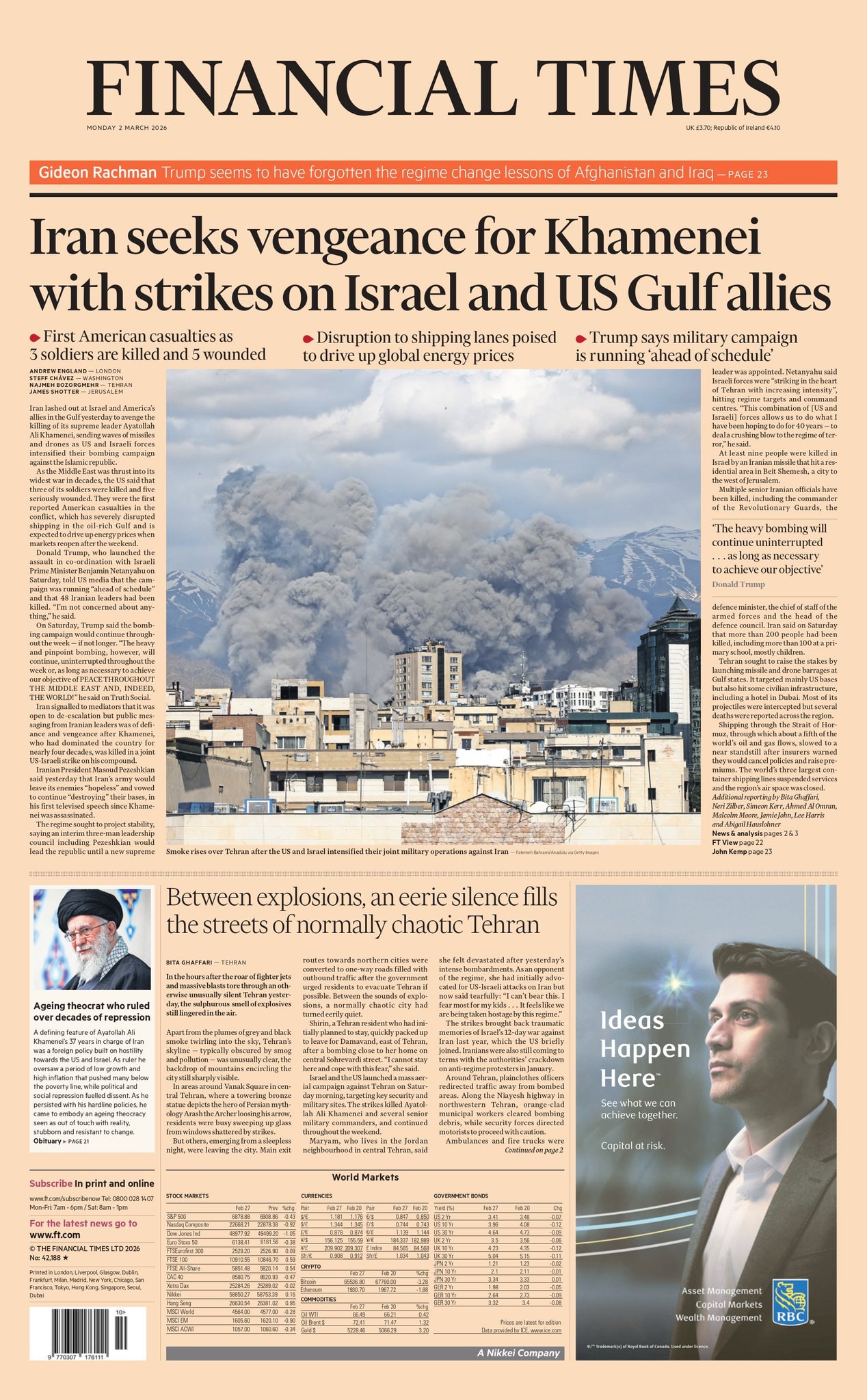 Front page of Financial Times, 2 March 2026