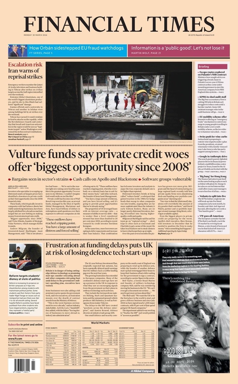 Front page of Financial Times, 30 March 2026