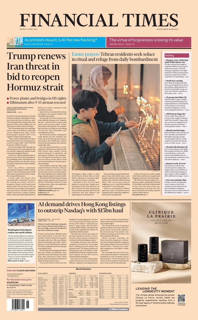 Front page of Financial Times, 6 April 2026