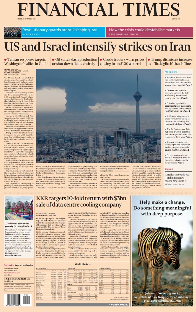 Front page of Financial Times, 9 March 2026