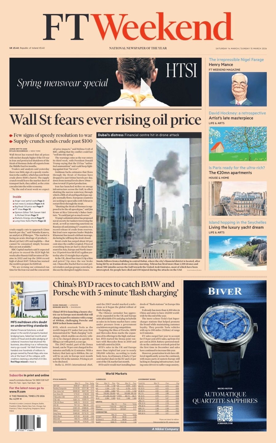 Front page of Financial Times, 14 March 2026