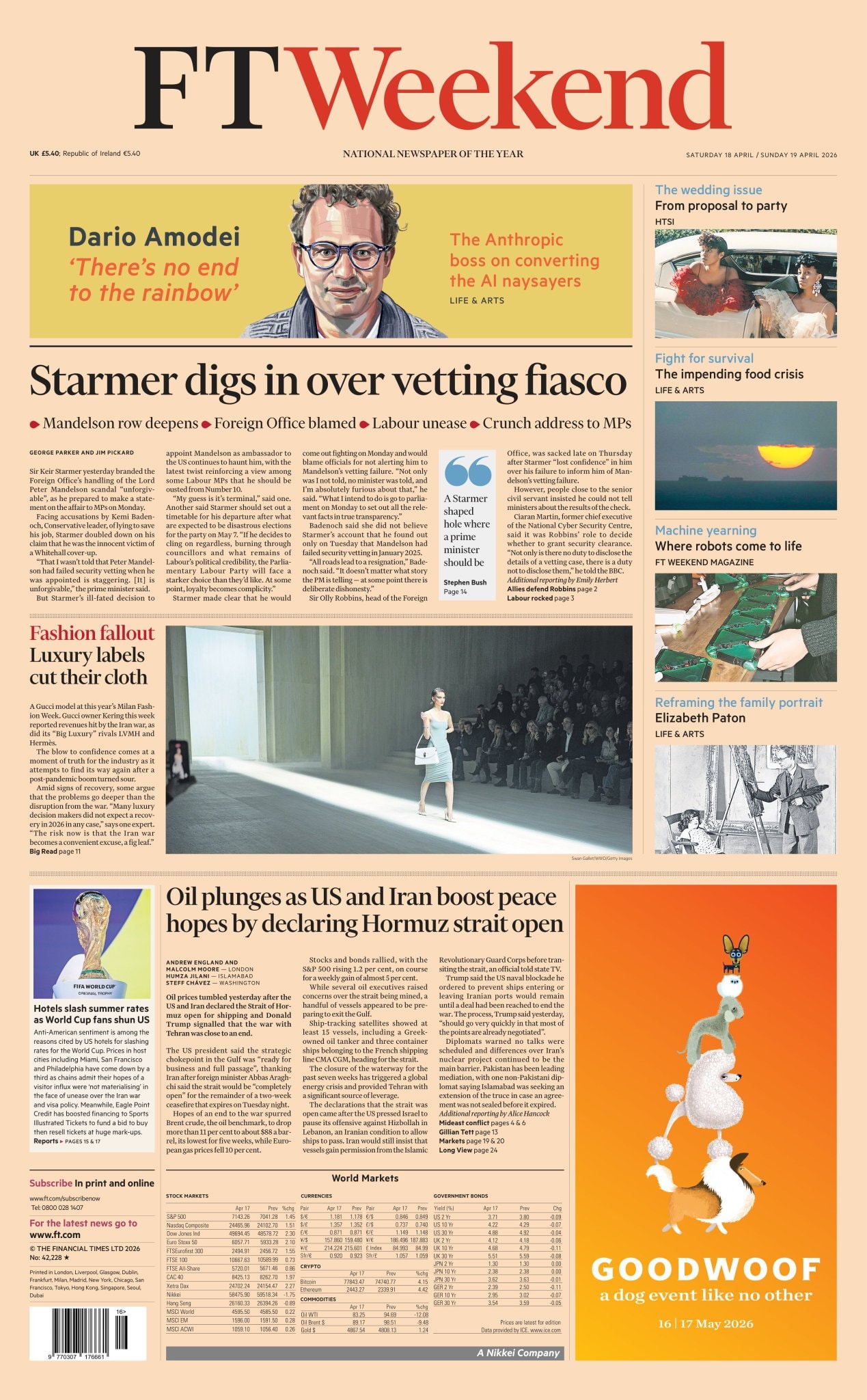 Front page of Financial Times, 18 April 2026