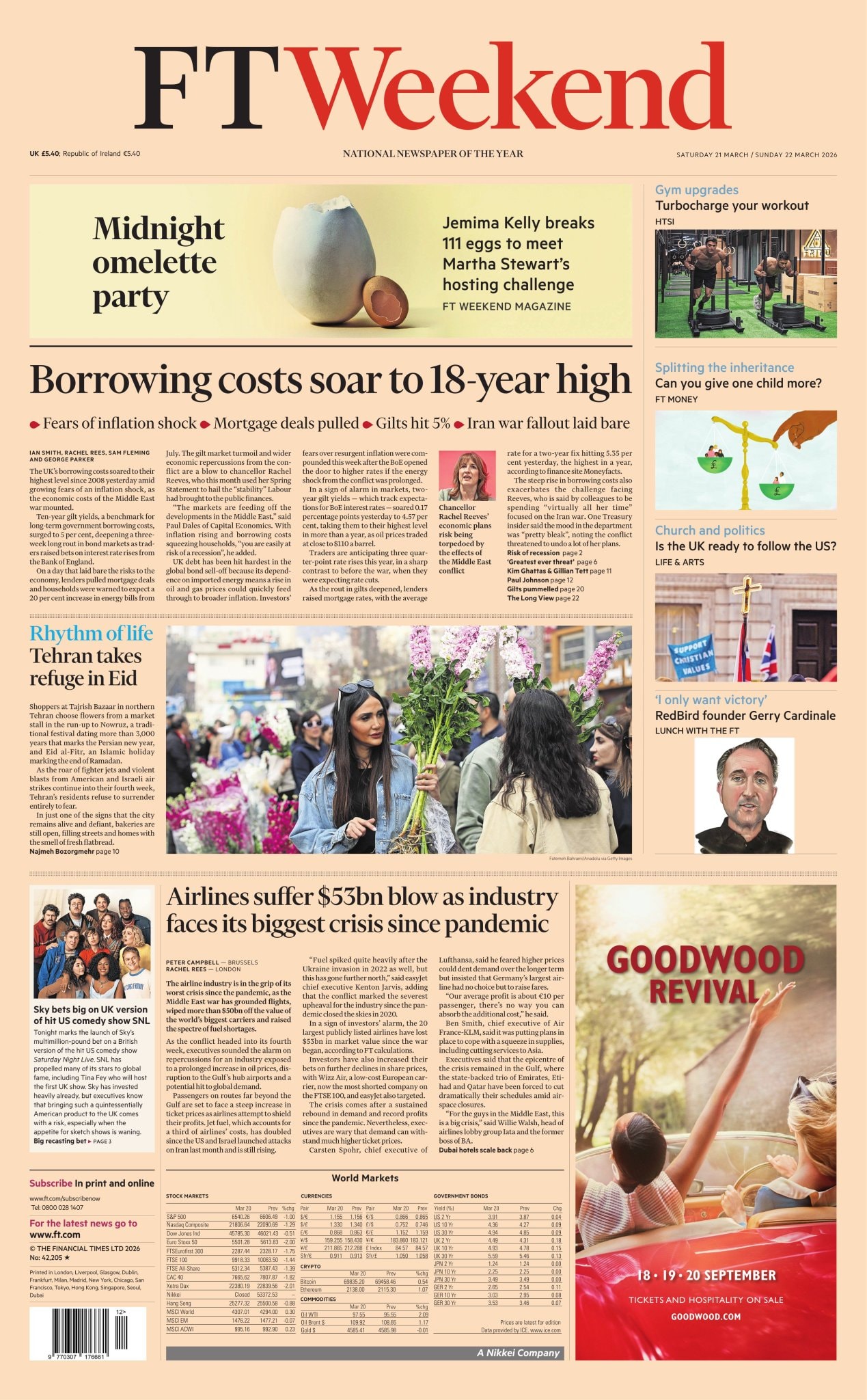 Front page of Financial Times, 21 March 2026