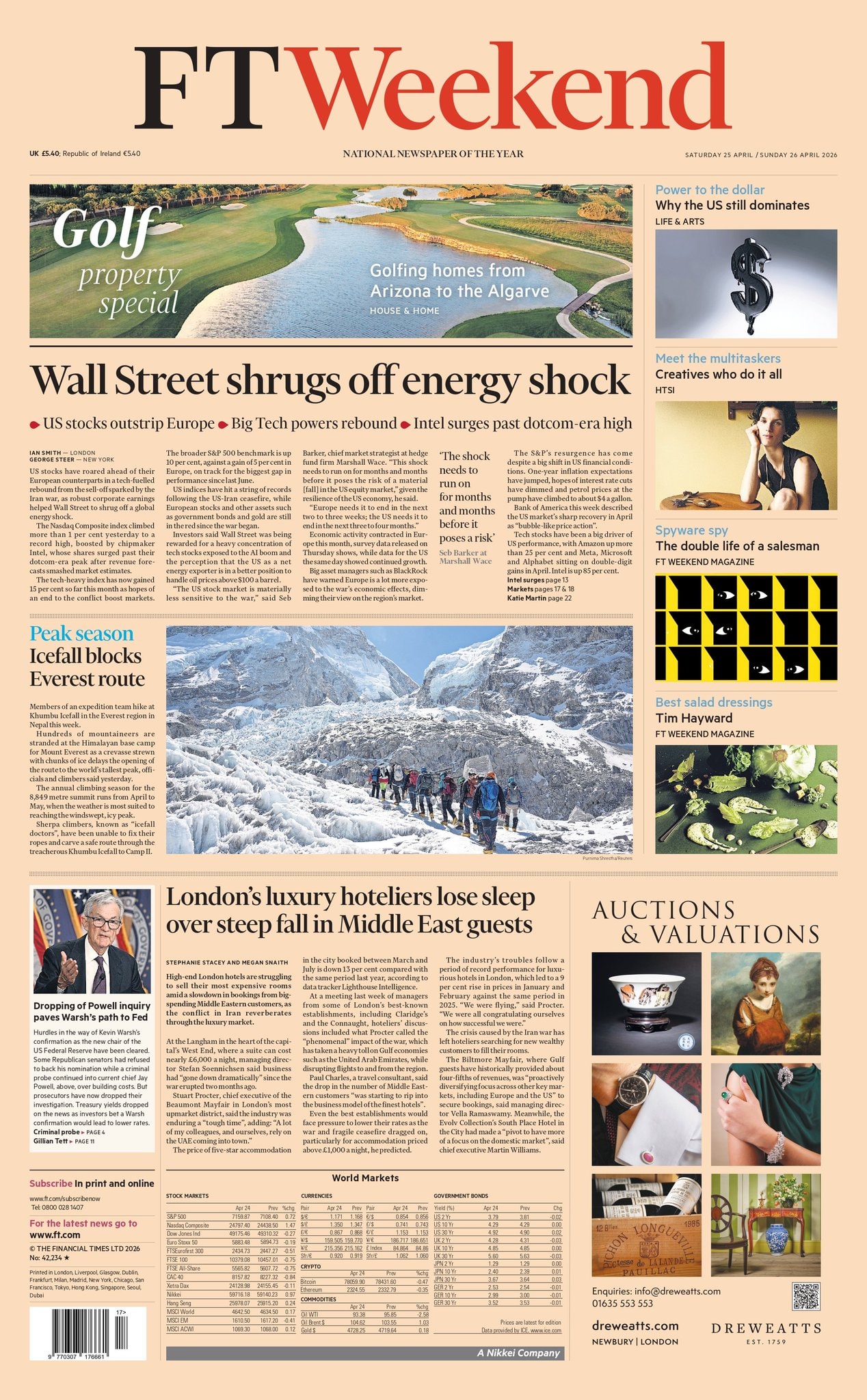 Front page of Financial Times, 25 April 2026