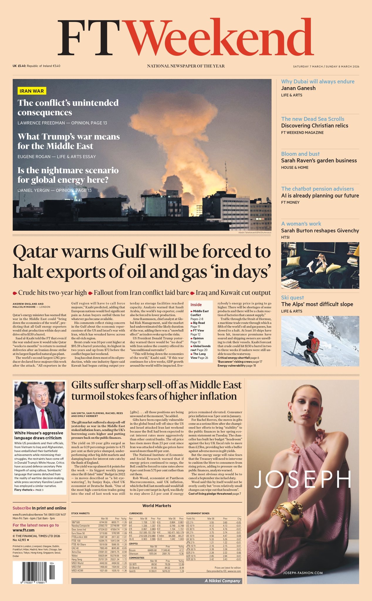 Front page of Financial Times, 7 March 2026