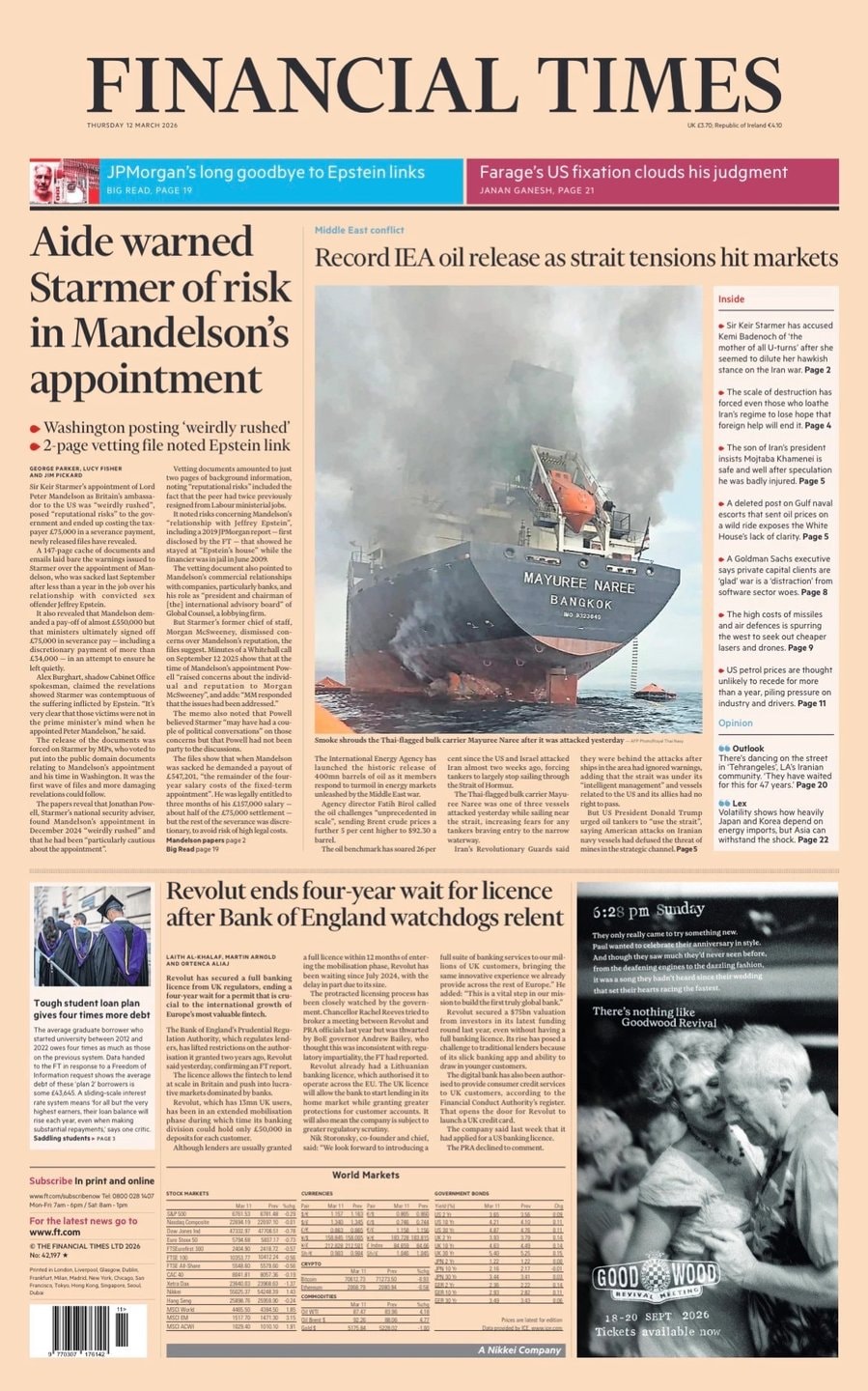 Front page of Financial Times, 12 March 2026