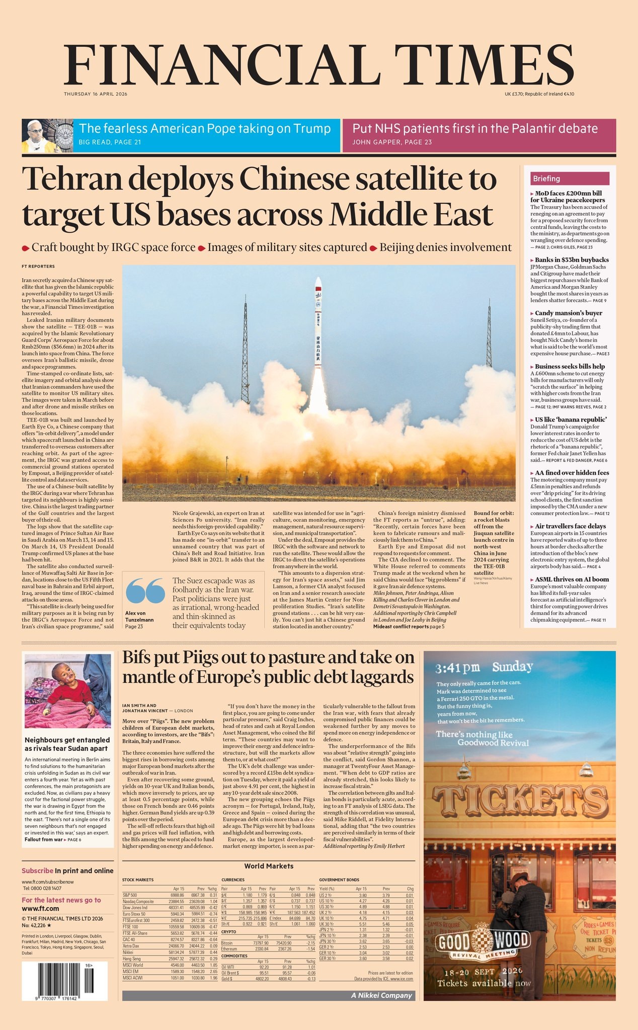 Front page of Financial Times, 16 April 2026